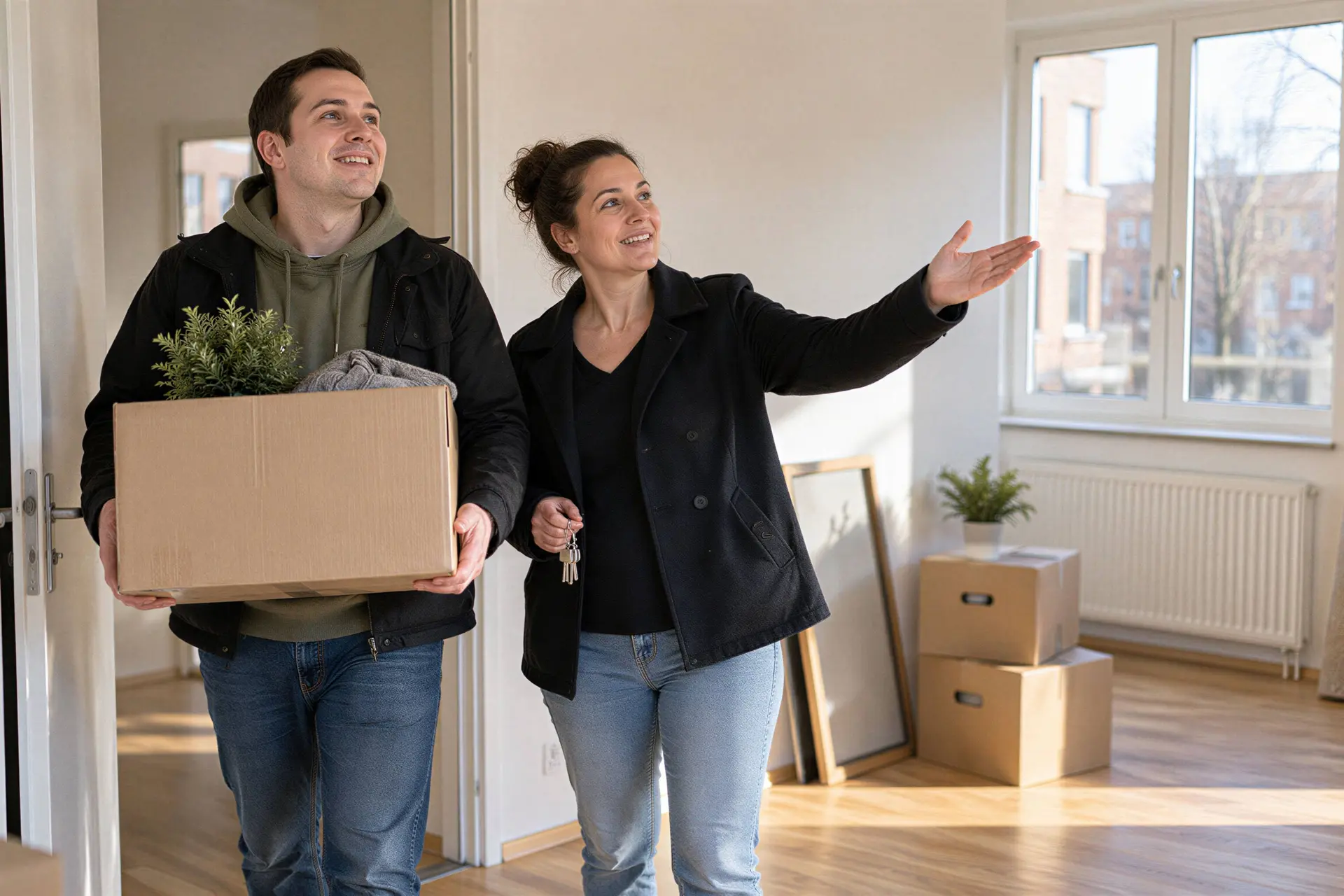 Bewoner en begeleider bekijken een woning voor de verhuizing.