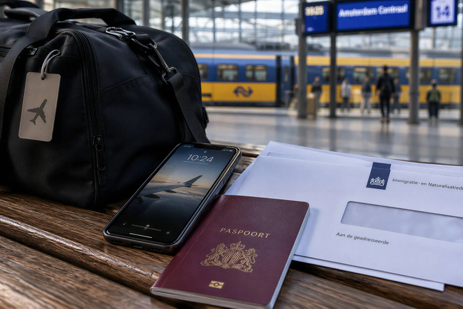 Reisbenodigdheden en correspondentie op een Nederlands station.