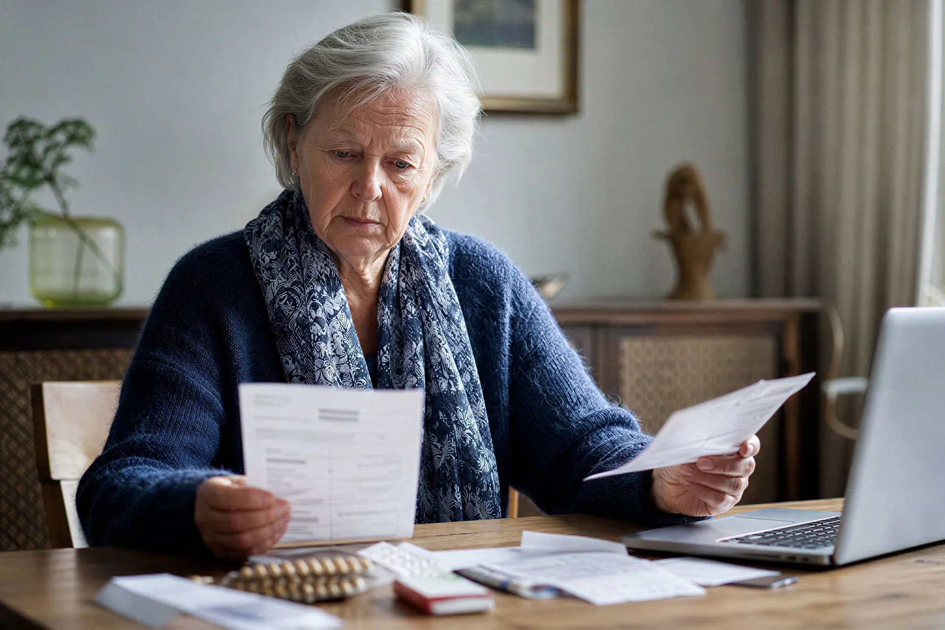 Vrouw bekijkt zorgkosten en belastingpapieren aan tafel