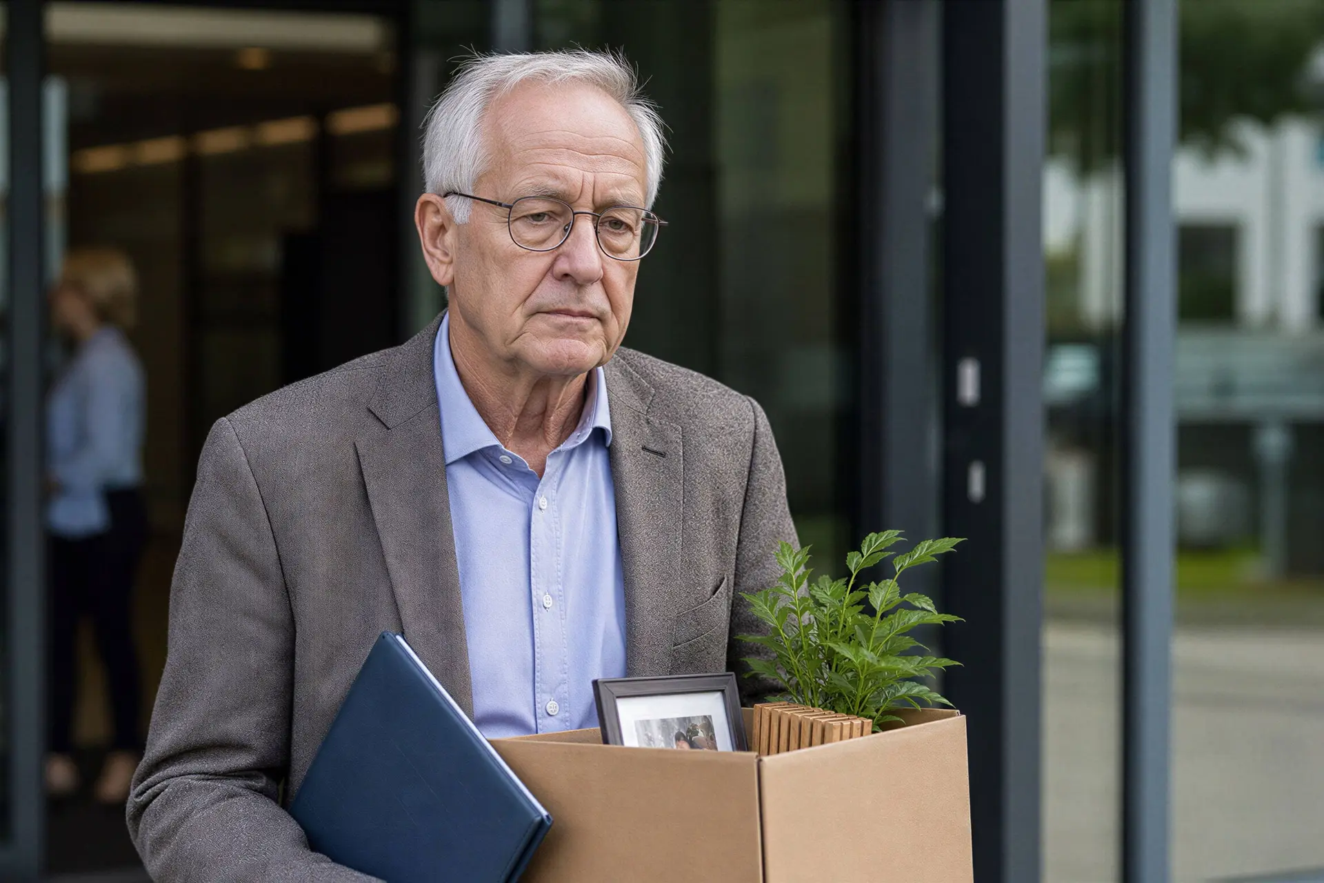 Werknemer verlaat kantoor met persoonlijke spullen en pensioenmap