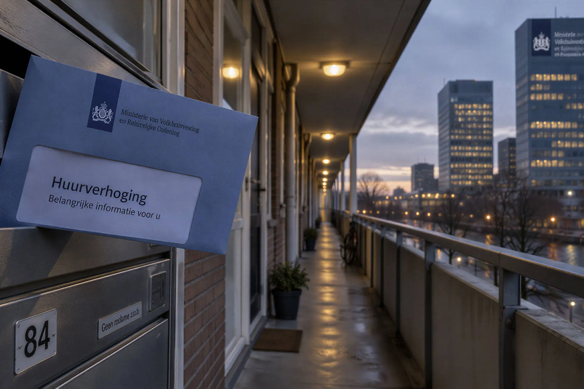 Galerij van een Nederlands huurappartementencomplex bij het nieuws over de verplichte huurverhoging voor scheefwoners.