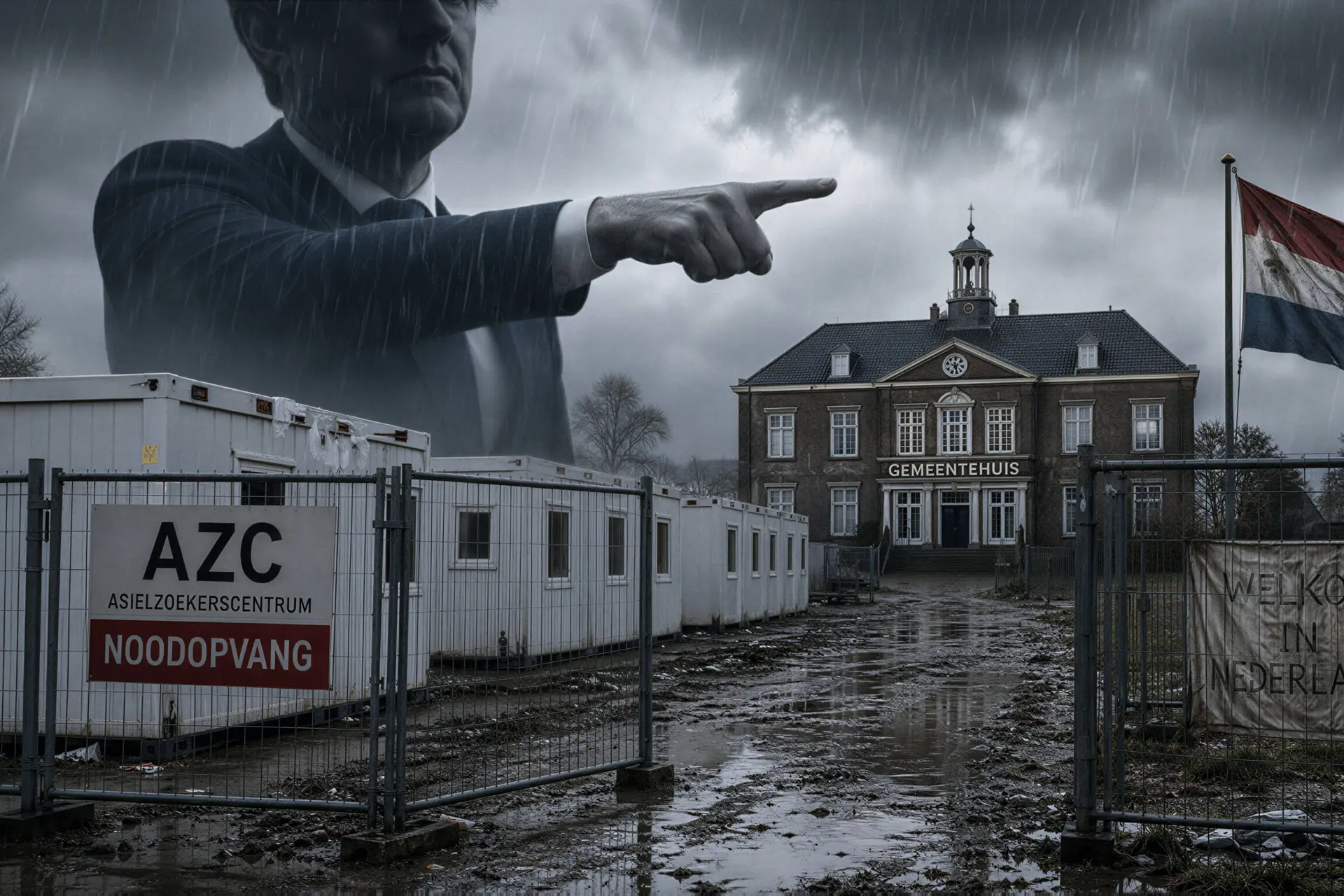 Tijdelijke woonunits en hekken bij een Nederlandse asielnoodopvanglocatie.