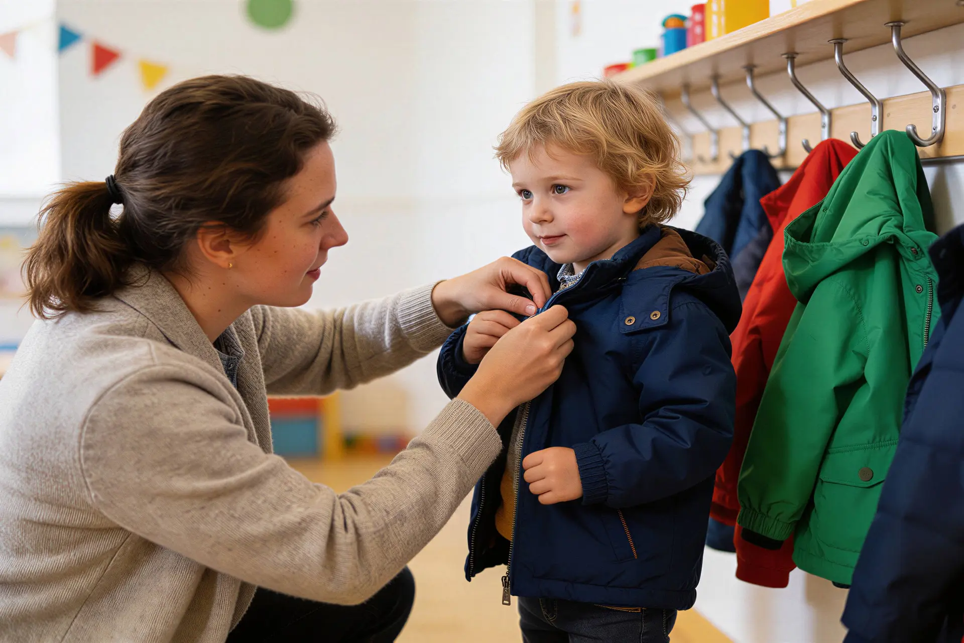 Ouder helpt een kind met zijn jas bij de kinderopvang.
