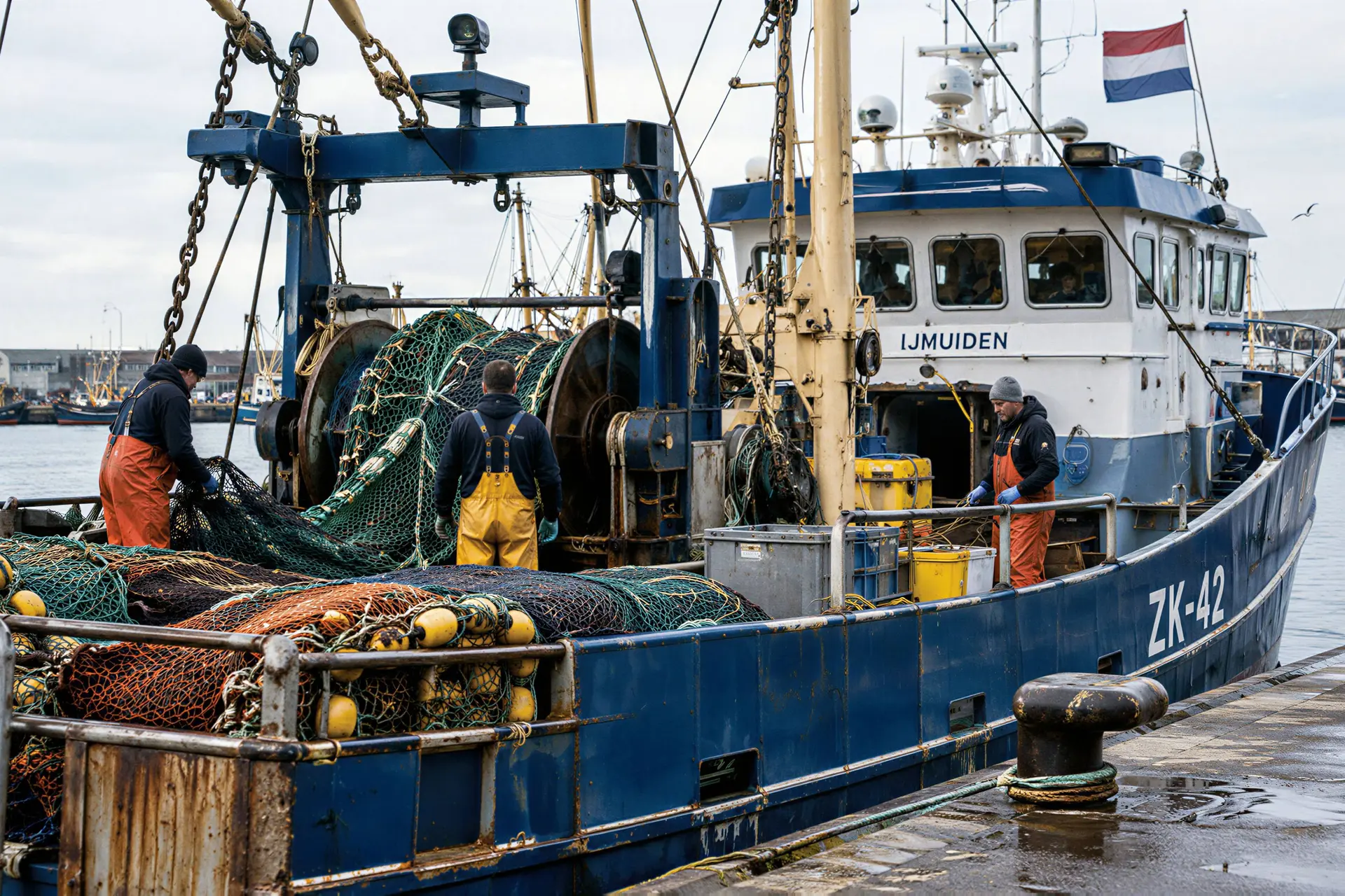 Nederlandse viskotter met vistuig aan dek in een vissershaven.