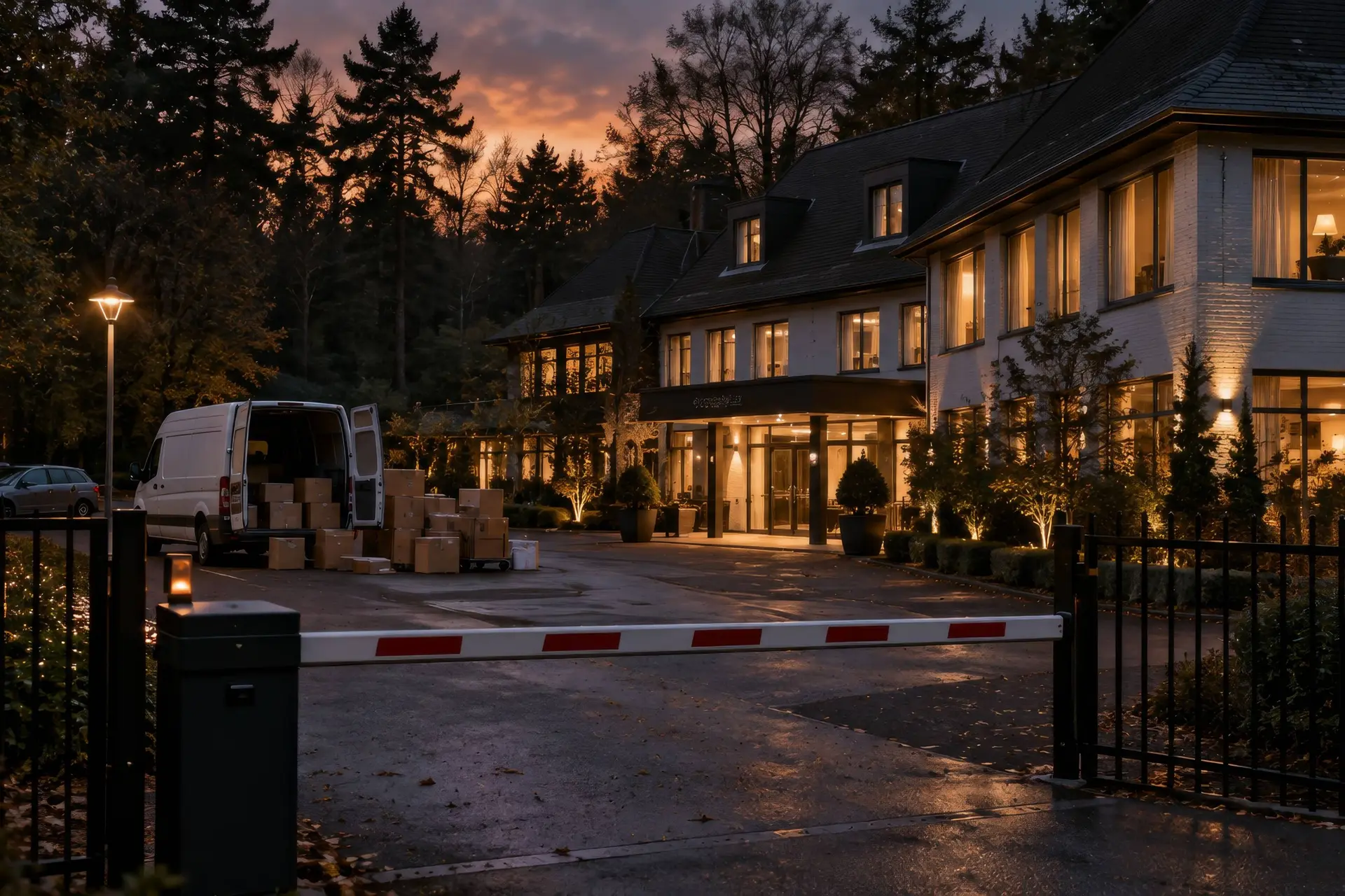 Hotel aan de rand van een bos met verlichte ramen en verhuisdozen op de parkeerplaats, over asielopvang in Oisterwijk