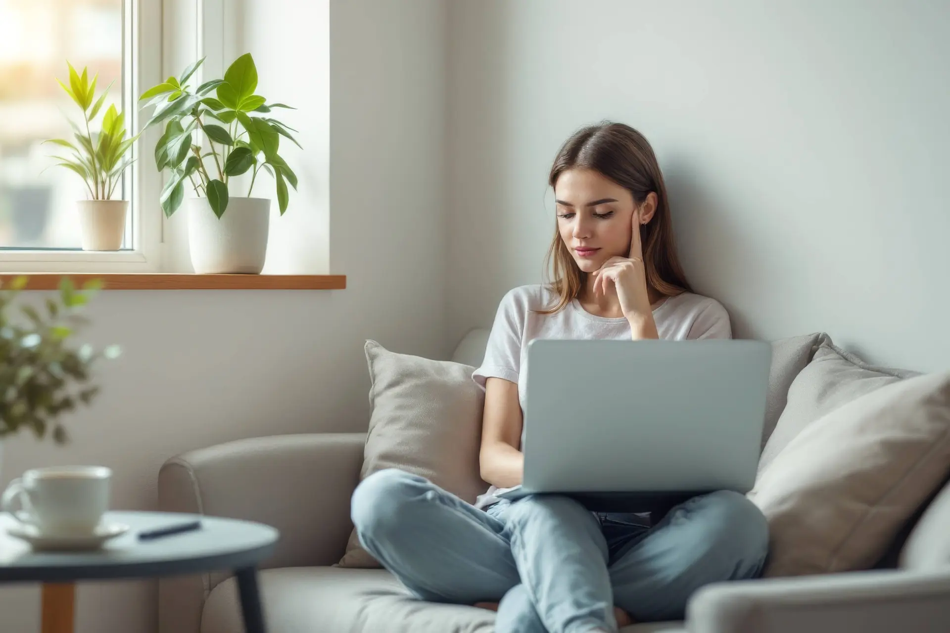 Vrouw van rond de dertig kijkt op de bank naar haar laptop