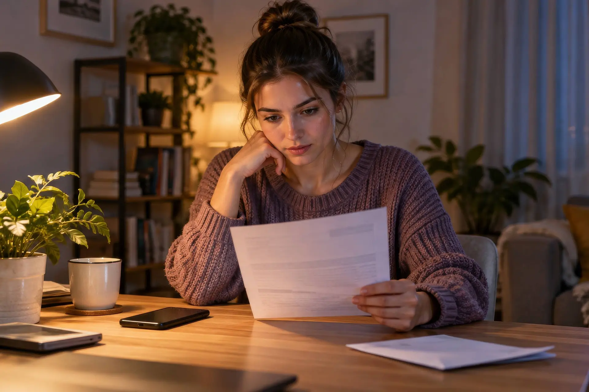 Jonge vrouw bekijkt thuis aan een bureau een loonstrook