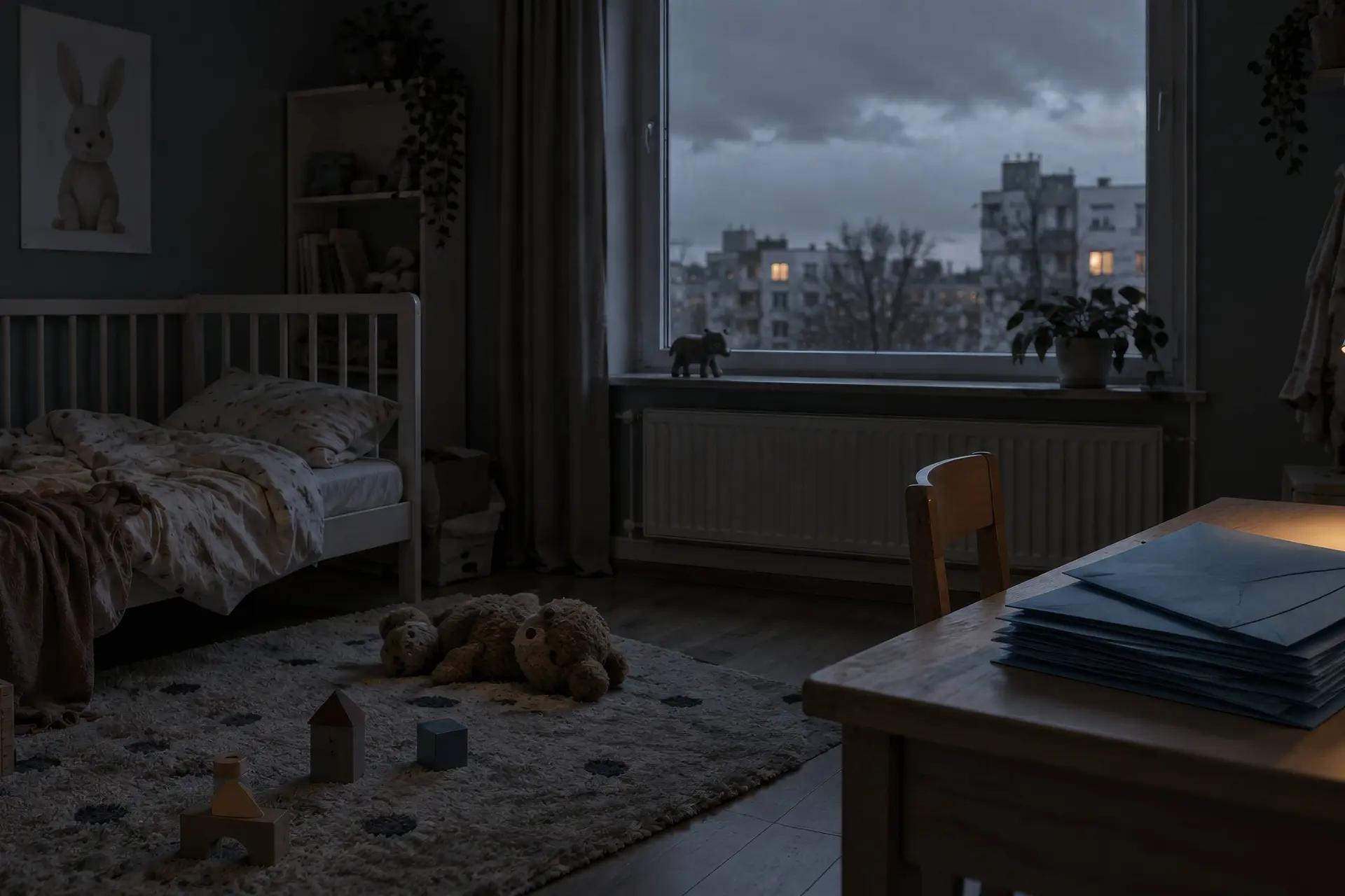 Lege kinderkamer met een knuffel op de vloer en een stapel blauwe overheidsenveloppen op het bureau, over de late excuses aan kinderen uit de toeslagenaffaire