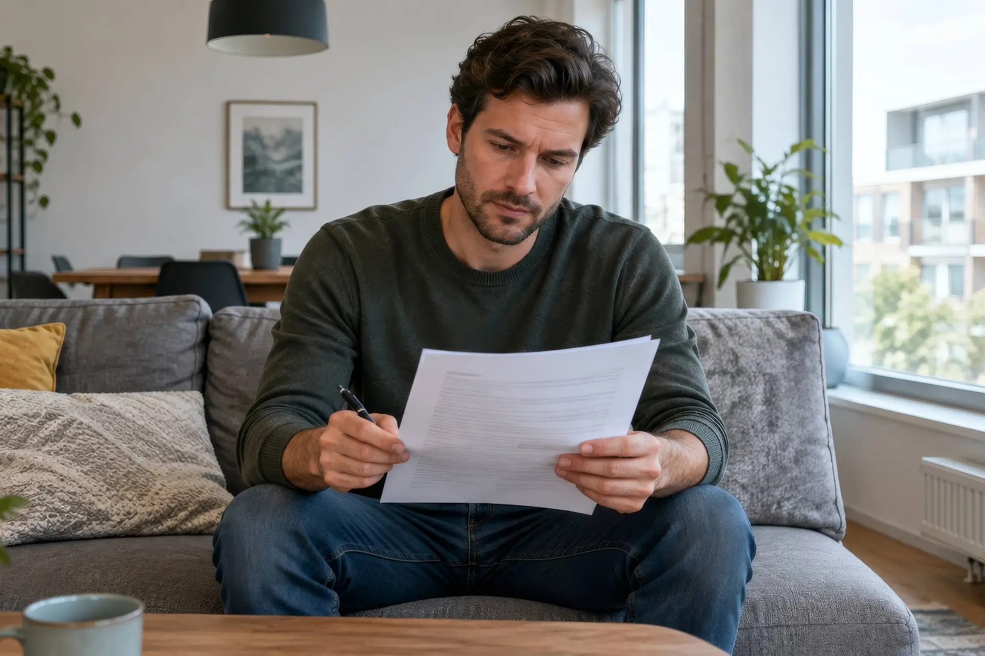 Man op de bank in een huurwoning leest een huurcontract