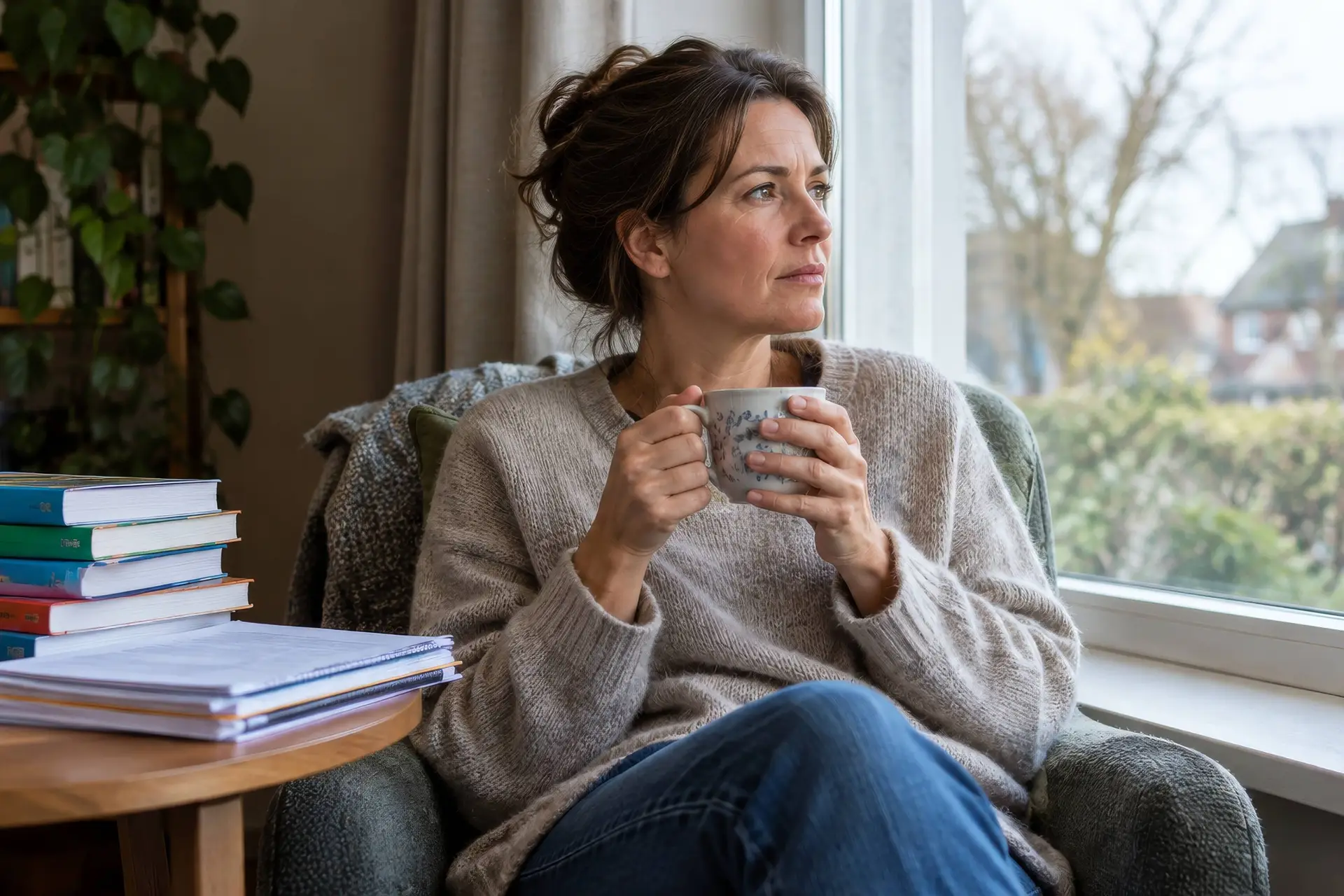Vrouw met een kop thee kijkt peinzend uit het raam, naast een stapel schoolboeken