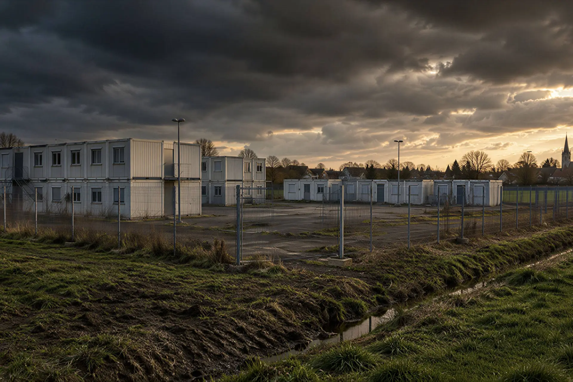 Verlaten asielzoekerscentrum met hekken en containers aan de rand van een dorp in Overijssel, onder donkere wolken