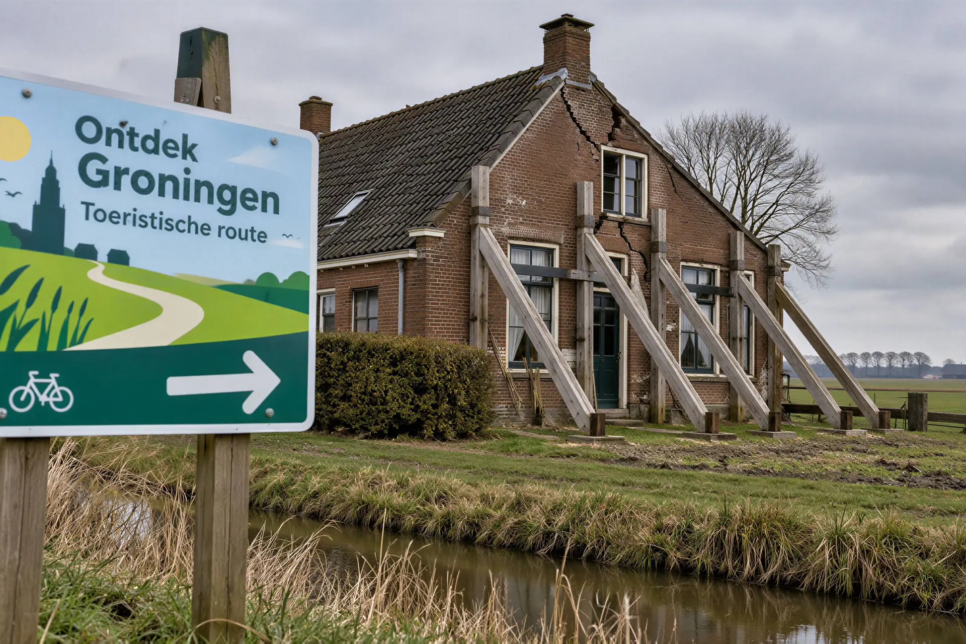 Gescheurd Gronings huis met stutten naast een toeristisch routebord