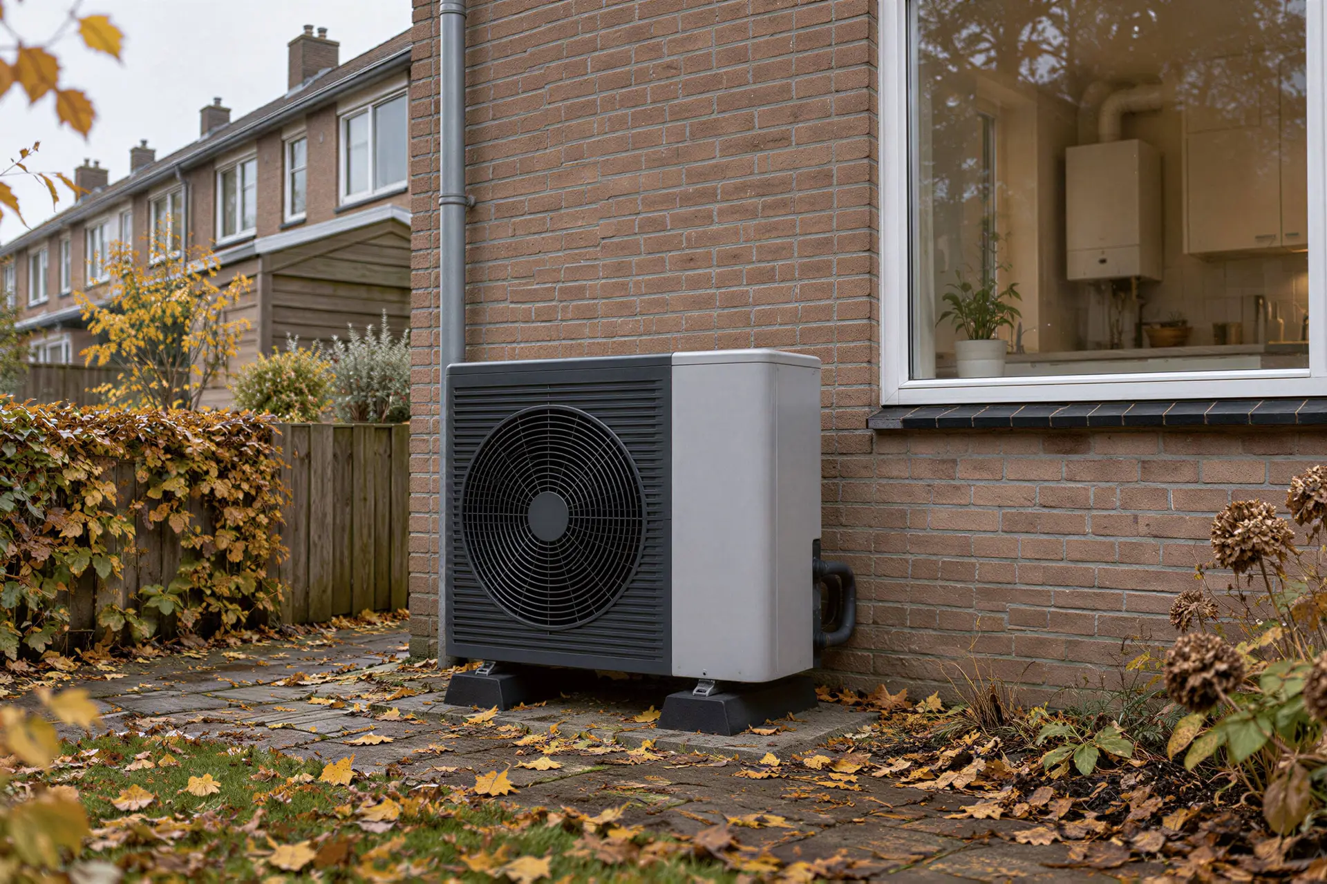 Buitenunit van een warmtepomp naast een rijtjeshuis in de herfst