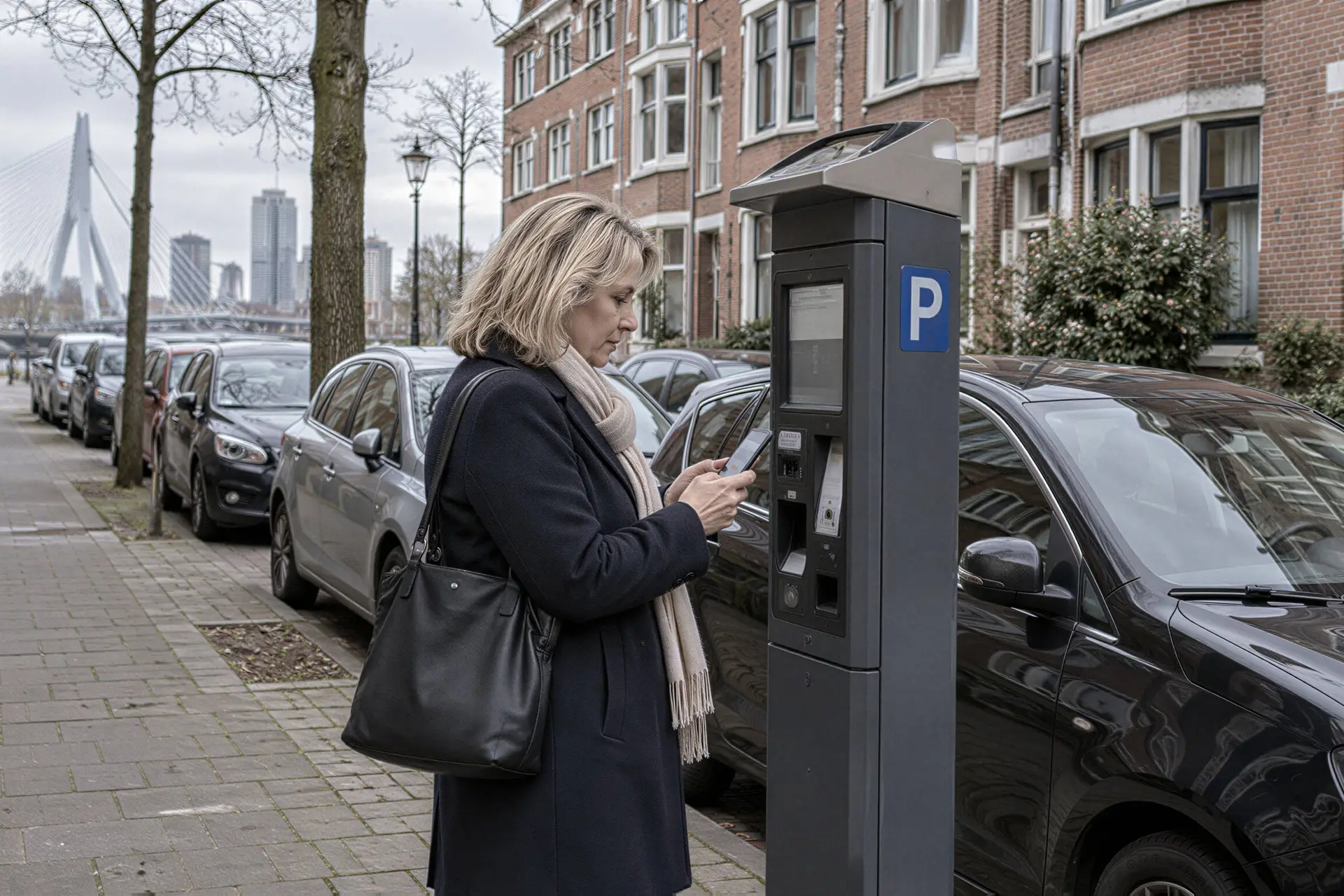 Vrouw bij een parkeerautomaat in een Rotterdamse woonstraat met geparkeerde auto's