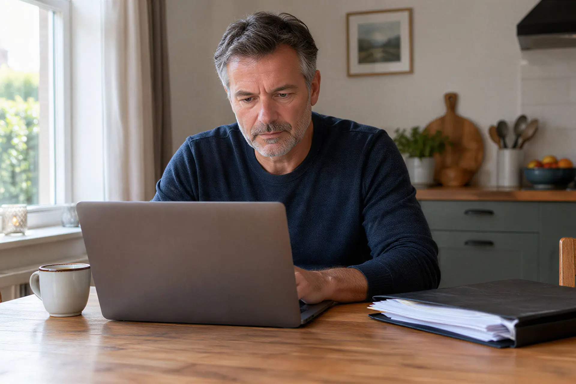 Man van in de vijftig aan de keukentafel kijkt op zijn laptop, met papieren naast zich