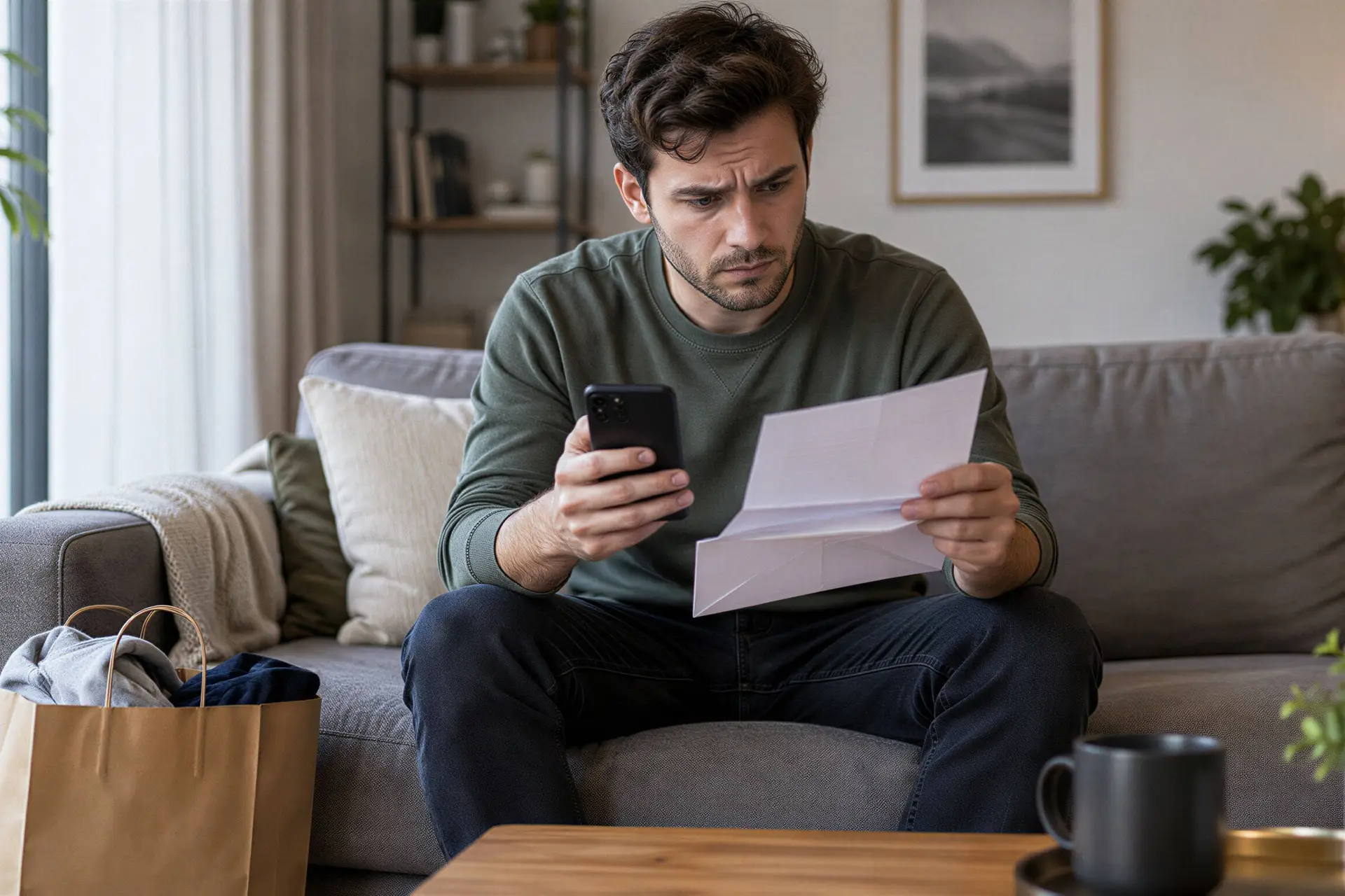 Jonge man op de bank met zijn telefoon en een aanmaning van een incassobureau.