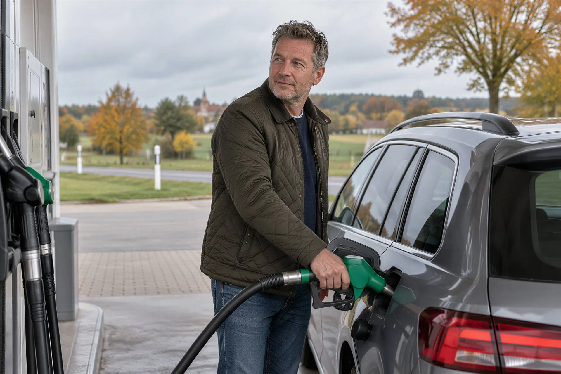 Man tankt zijn auto bij een tankstation op het platteland.