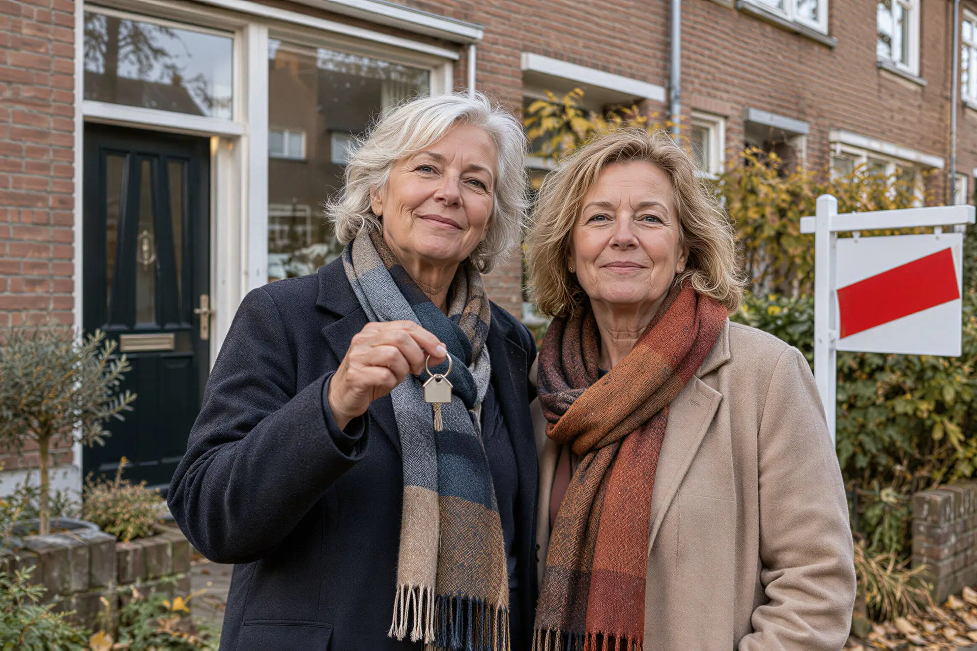 Twee oudere zussen staan met een huissleutel voor een rijtjeshuis.