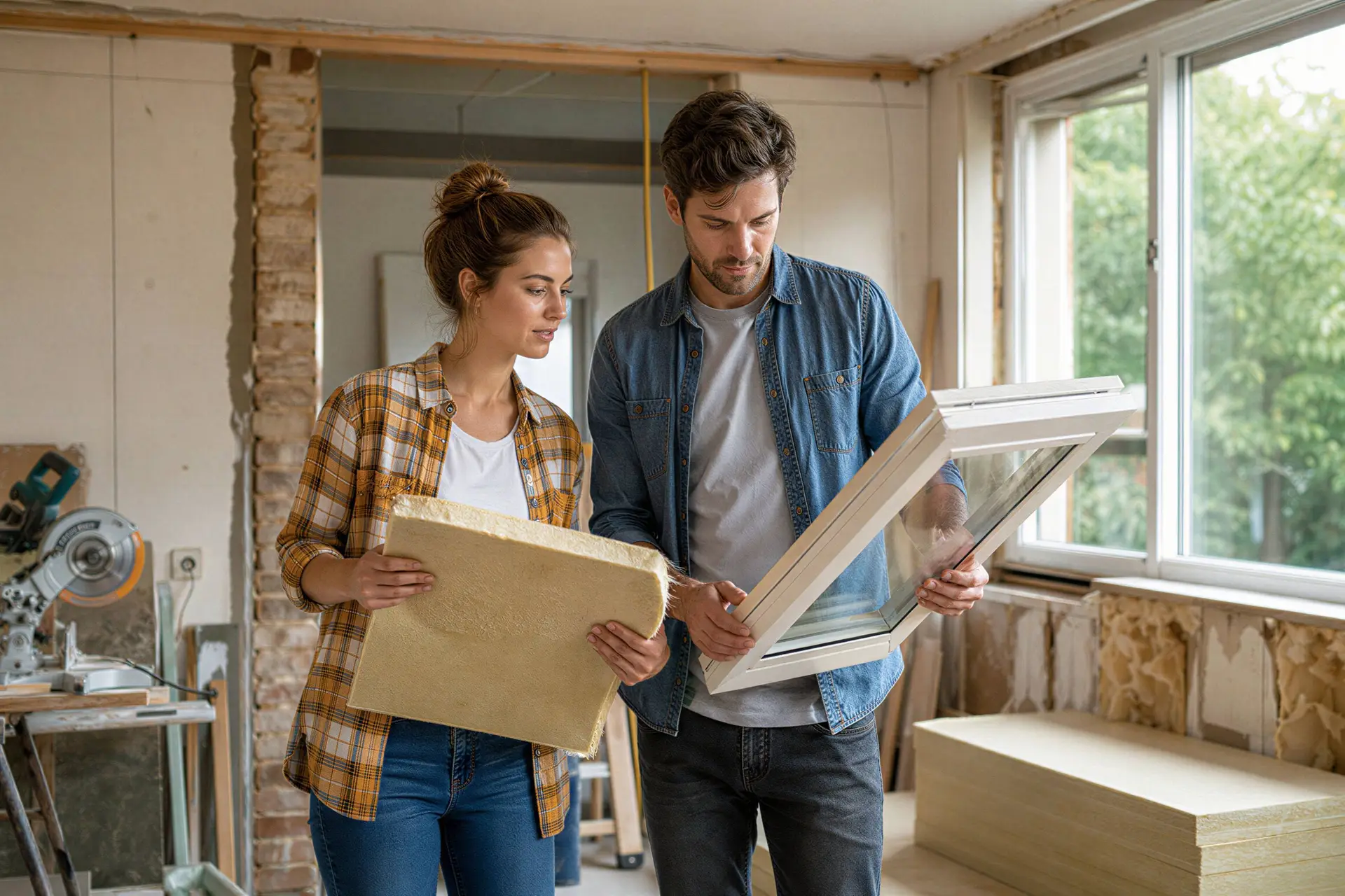 Jong stel bekijkt isolatiemateriaal in een ouder huis dat wordt verbouwd.