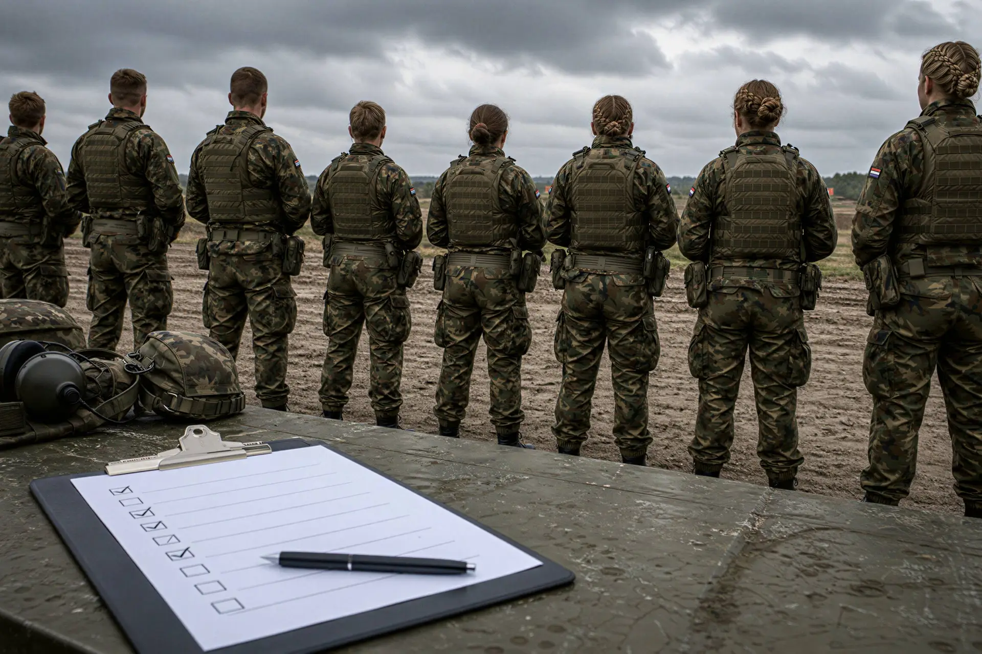 Nederlandse militairen op een oefenterrein, bij een stuk over het D66-plan voor 30 procent vrouwen bij Defensie