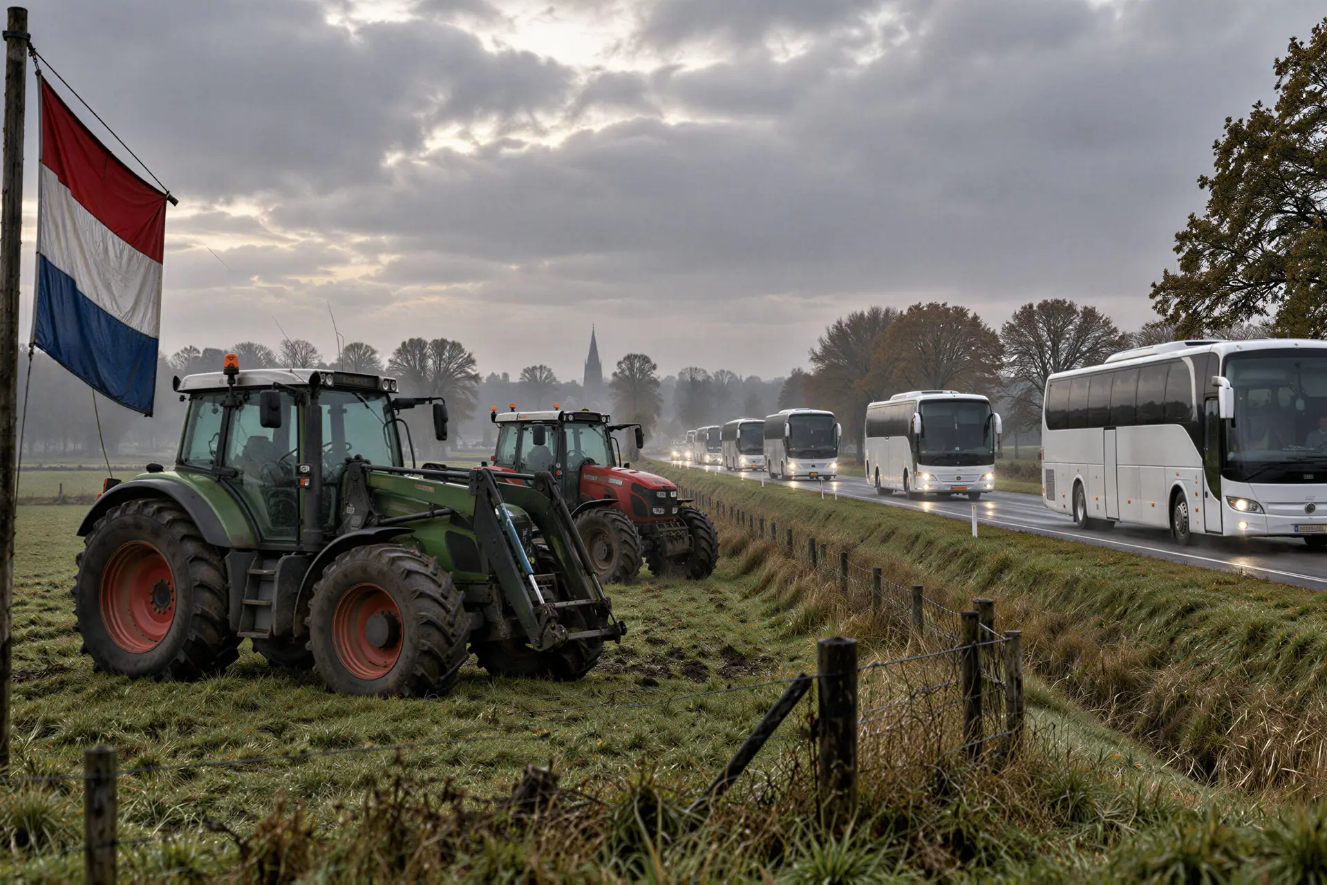 Tractoren en een omgekeerde Nederlandse vlag in een weiland langs de N18 terwijl bussen met bestuurders voorbijrijden (1)