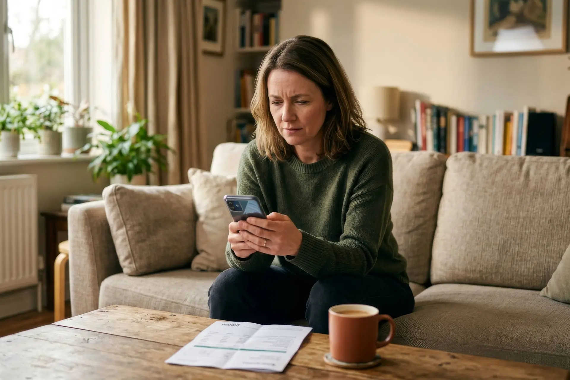 Vrouw op de bank kijkt fronsend naar haar telefoon, met een rekening op tafel