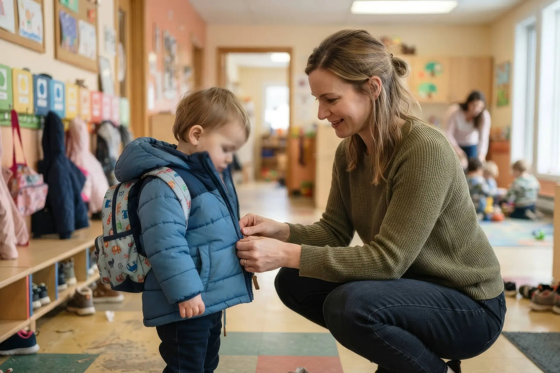 Moeder helpt haar peuter met de jas in de gang van een kinderdagverblijf