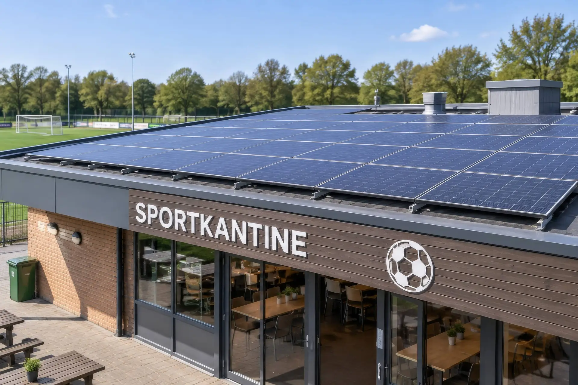 Zonnepanelen op het dak van de kantine van een amateurvoetbalclub