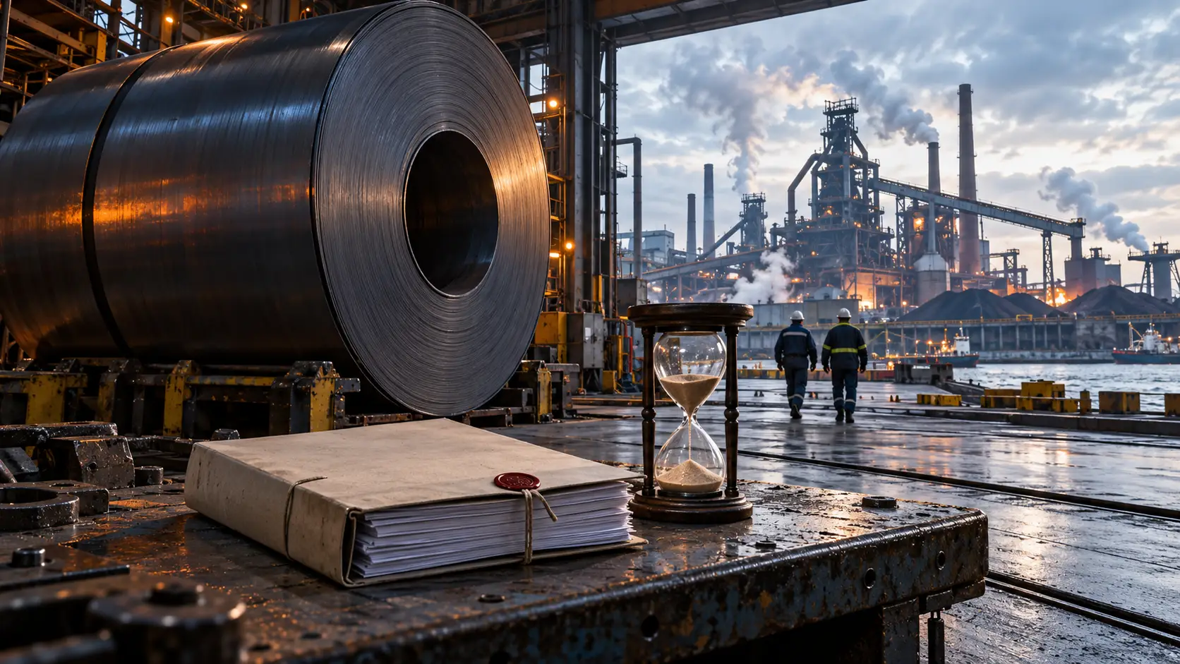 Staalrol, verzegeld dossier en zandloper bij de hoogovens van IJmuiden, over het uitgestelde besluit over Tata Steel
