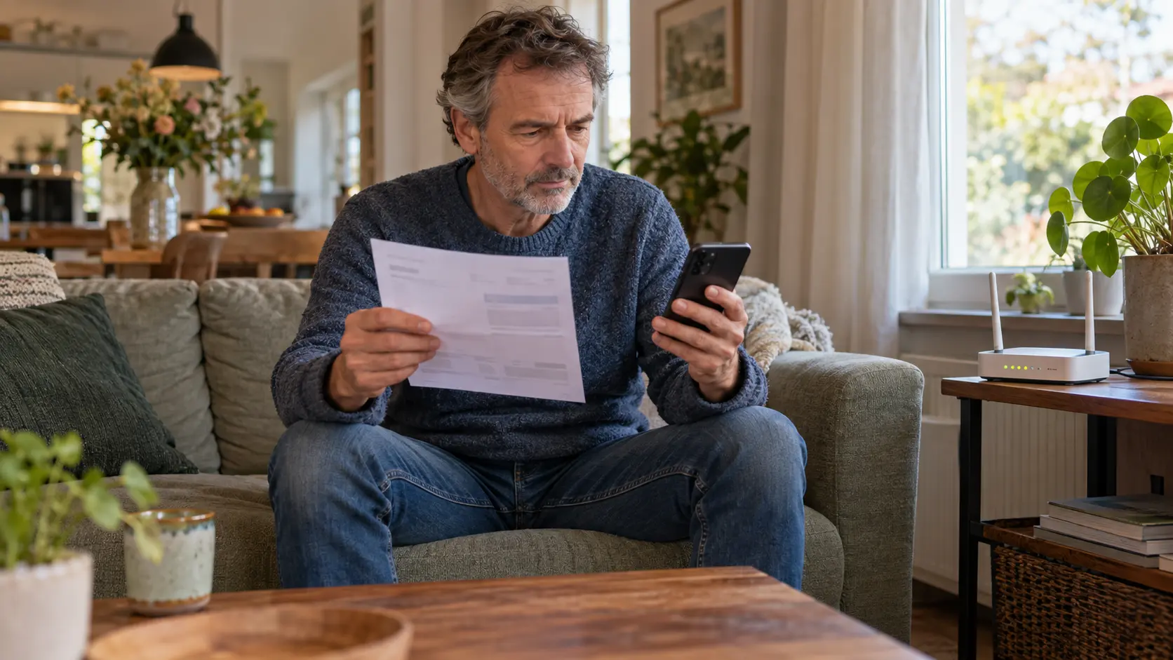 Man op de bank vergelijkt een papieren rekening met het scherm van zijn telefoon, met een router op het bijzettafeltje