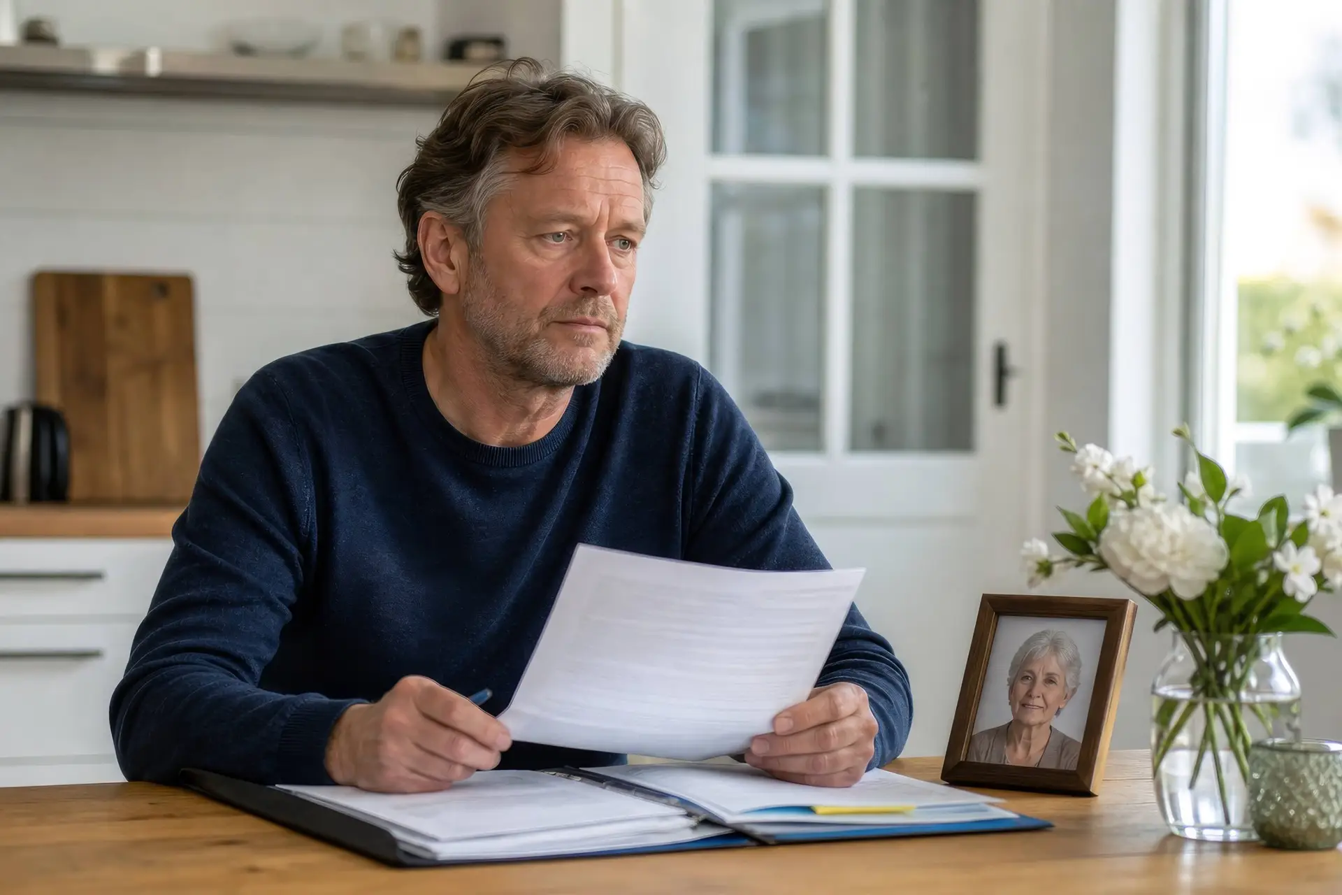 Man aan de keukentafel met documenten, naast een fotolijstje en witte bloemen