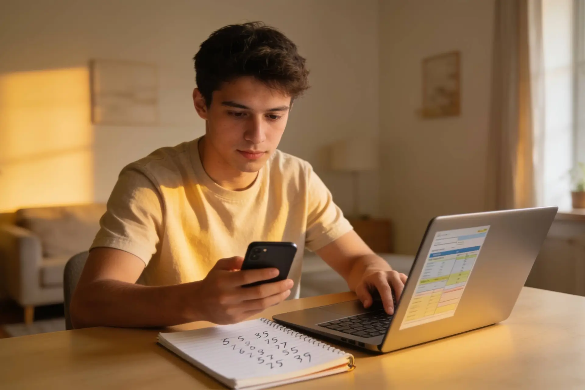 Jonge man vergelijkt abonnementen op zijn laptop, met zijn telefoon in de hand