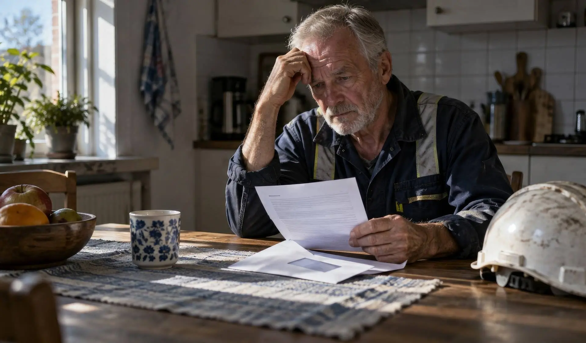 Oudere bouwvakker aan de keukentafel met een brief, bij het kabinetsplan om de WW te halveren.