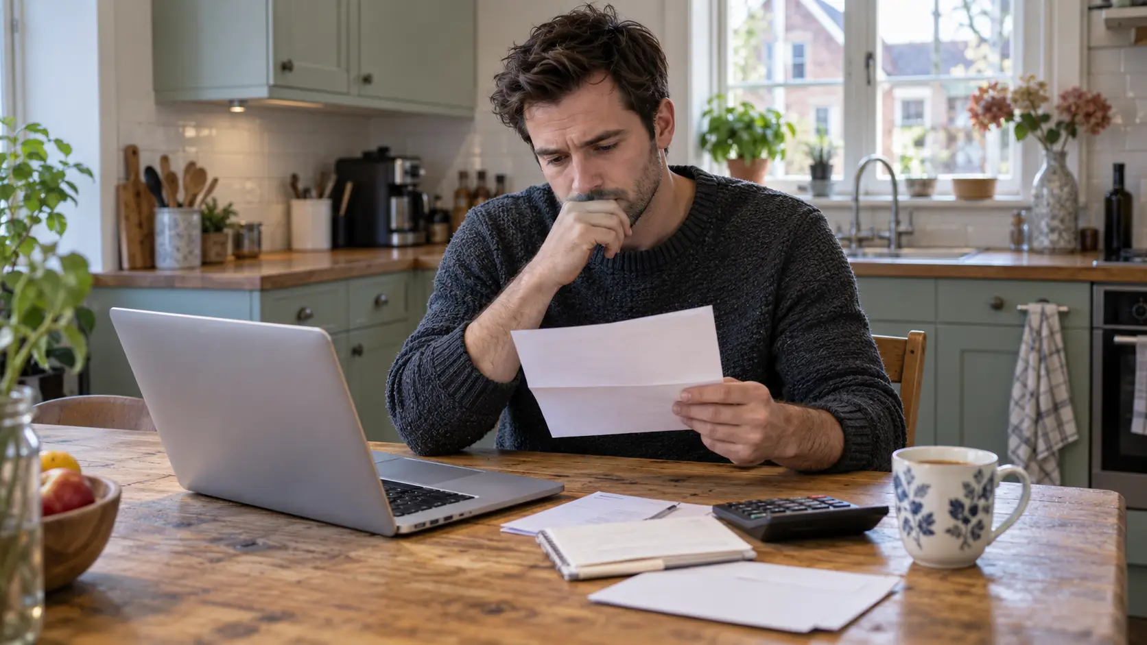 Man aan de keukentafel kijkt bezorgd naar een brief, met laptop en rekenmachine