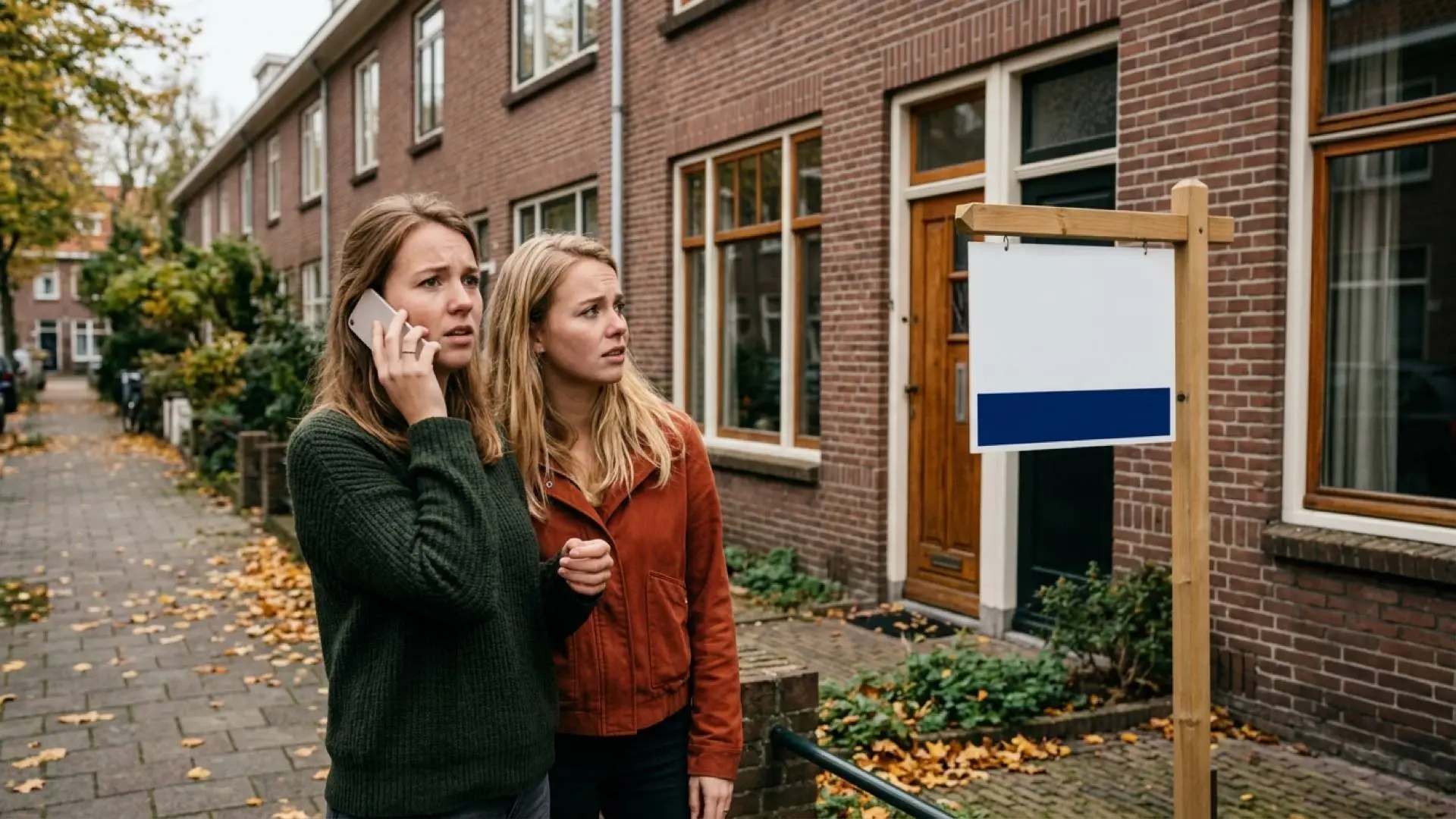 Twee jonge vrouwen staan teleurgesteld op een herfstige stoep bij een rijtjeshuis met een blanco makelaarsbord.