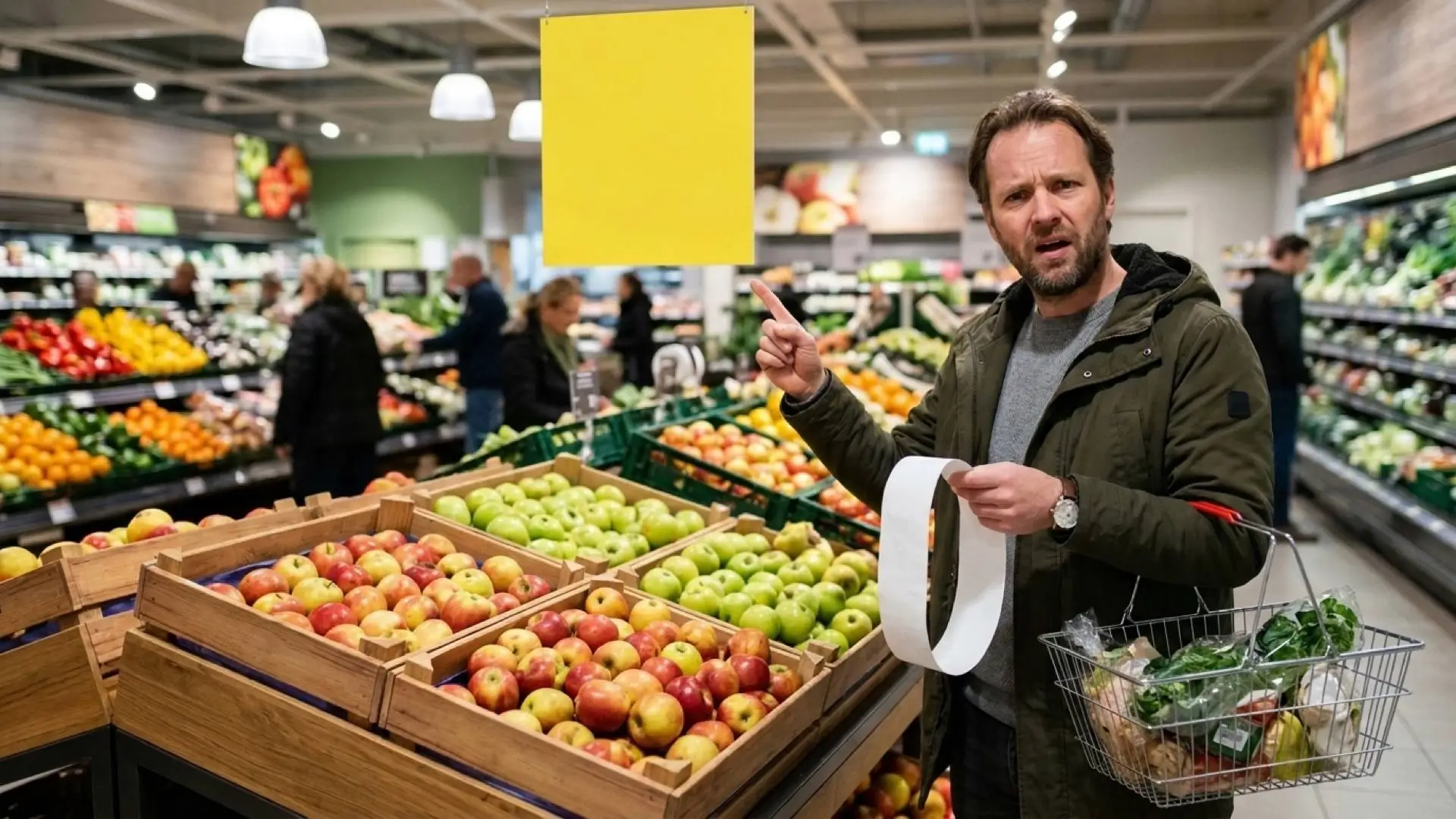Man met een winkelmandje houdt een kassabon omhoog en wijst naar een leeg geel aanbiedingsbord boven kratten met appels.