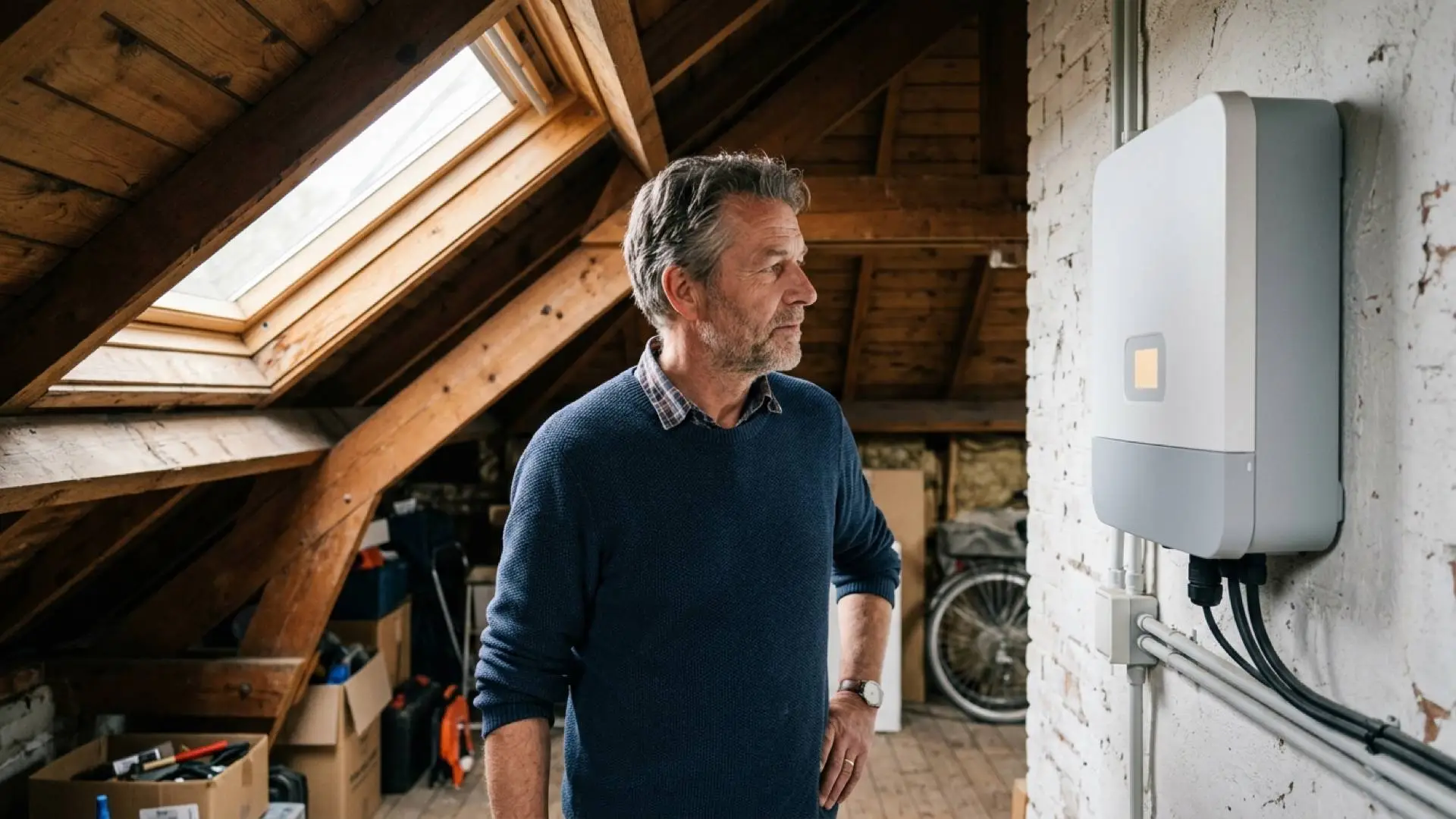 Man staat op een zolder onder een dakraam en kijkt naar de omvormer van zijn zonnepanelen aan de witte bakstenen muur.