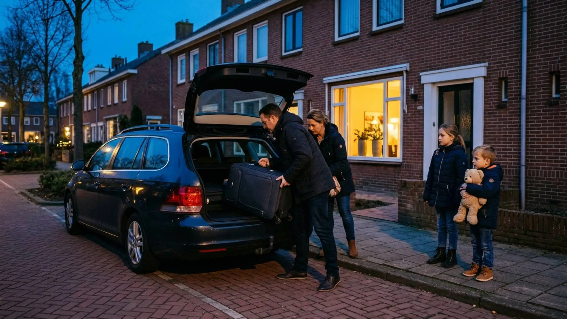 Gezin met twee kinderen laadt in de schemering rolkoffers in de achterbak van hun auto voor een verlicht rijtjeshuis.
