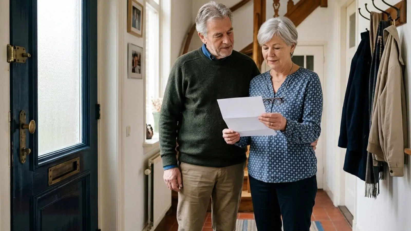 Gepensioneerd echtpaar bekijkt samen een brief in de hal van hun woning.