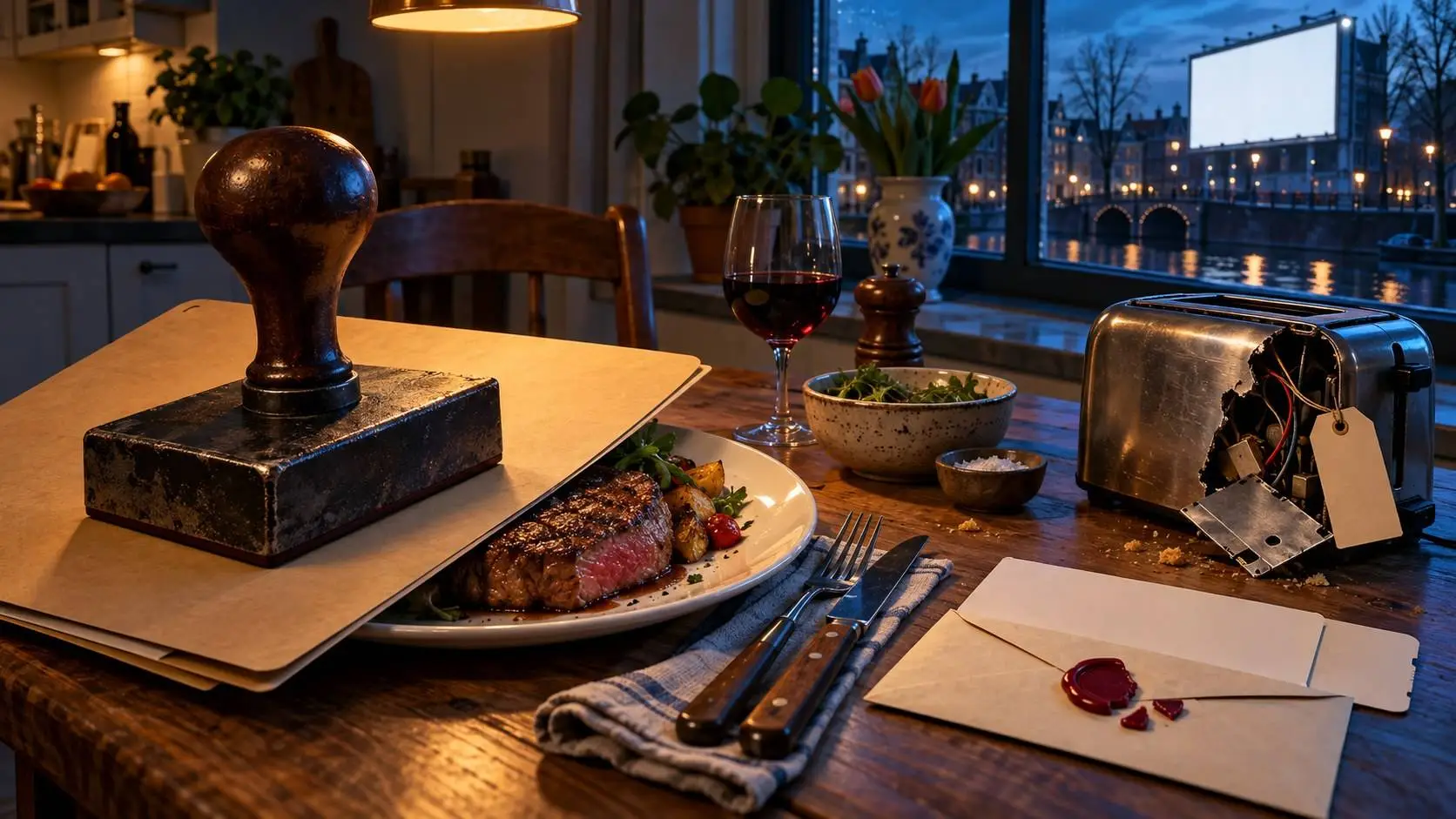 Keukentafel met een biefstuk onder een overheidsdossier en een leeg reclamebord: Van Veldhoven wil met gedragsbeleid uw keuzes sturen