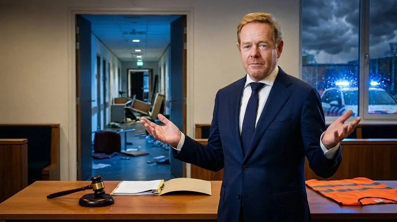 Minister David van Weel haalt in een rechtszaal zijn schouders op, achter hem een vernielde gang en zwaailichten.