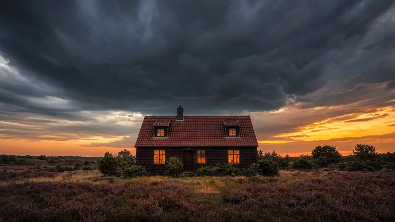 Vrijstaand vakantiehuis met verlichte ramen op de heide, onder een donkere onweerslucht bij zonsondergang