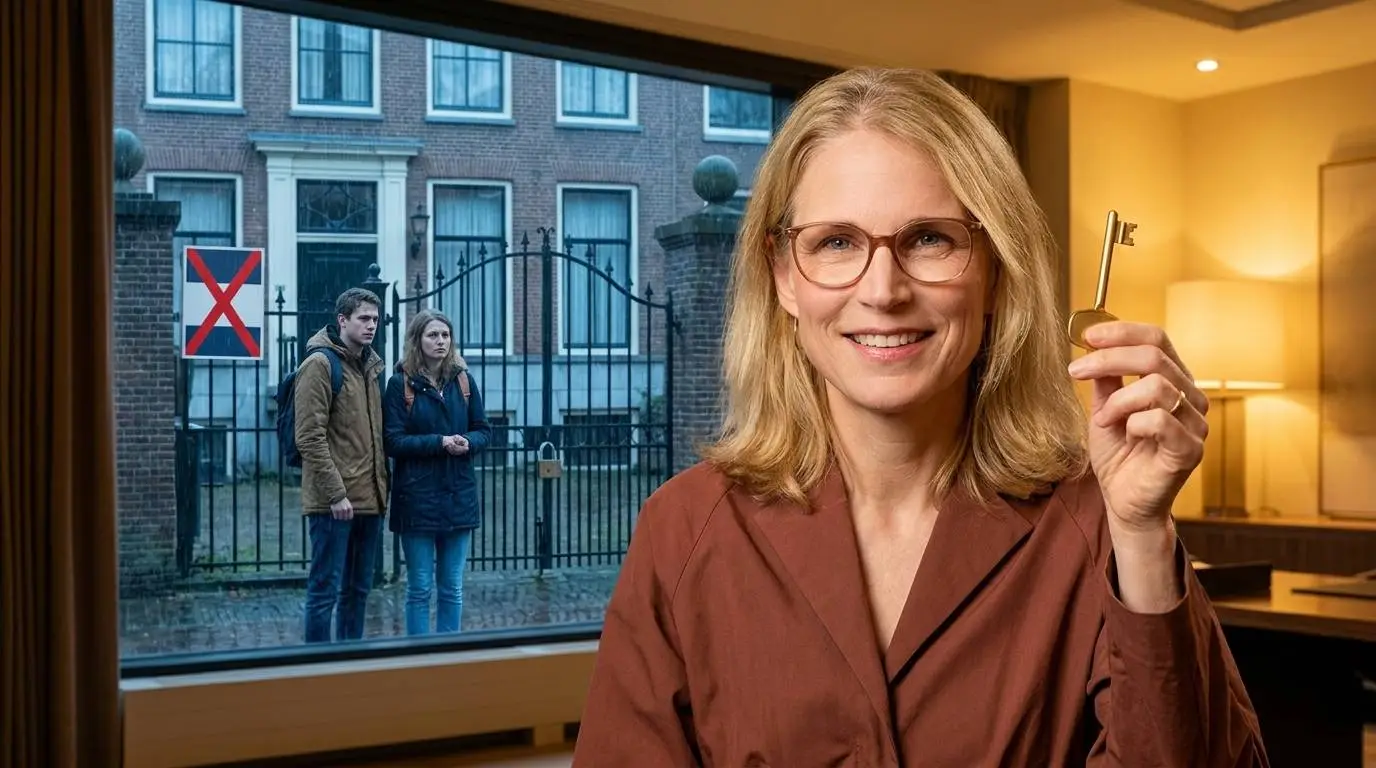 AI-illustratie: Elanor Boekholt-O'Sullivan houdt een huissleutel omhoog, buiten staat een jong stel voor een gesloten hek