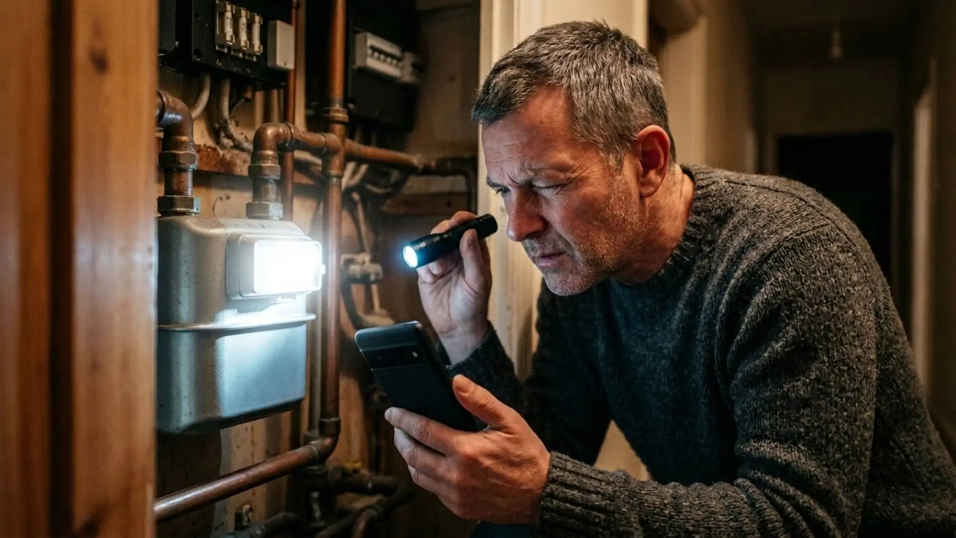 Man in een grijze trui schijnt met een zaklamp op de gasmeter in een donkere meterkast en houdt zijn telefoon vast.