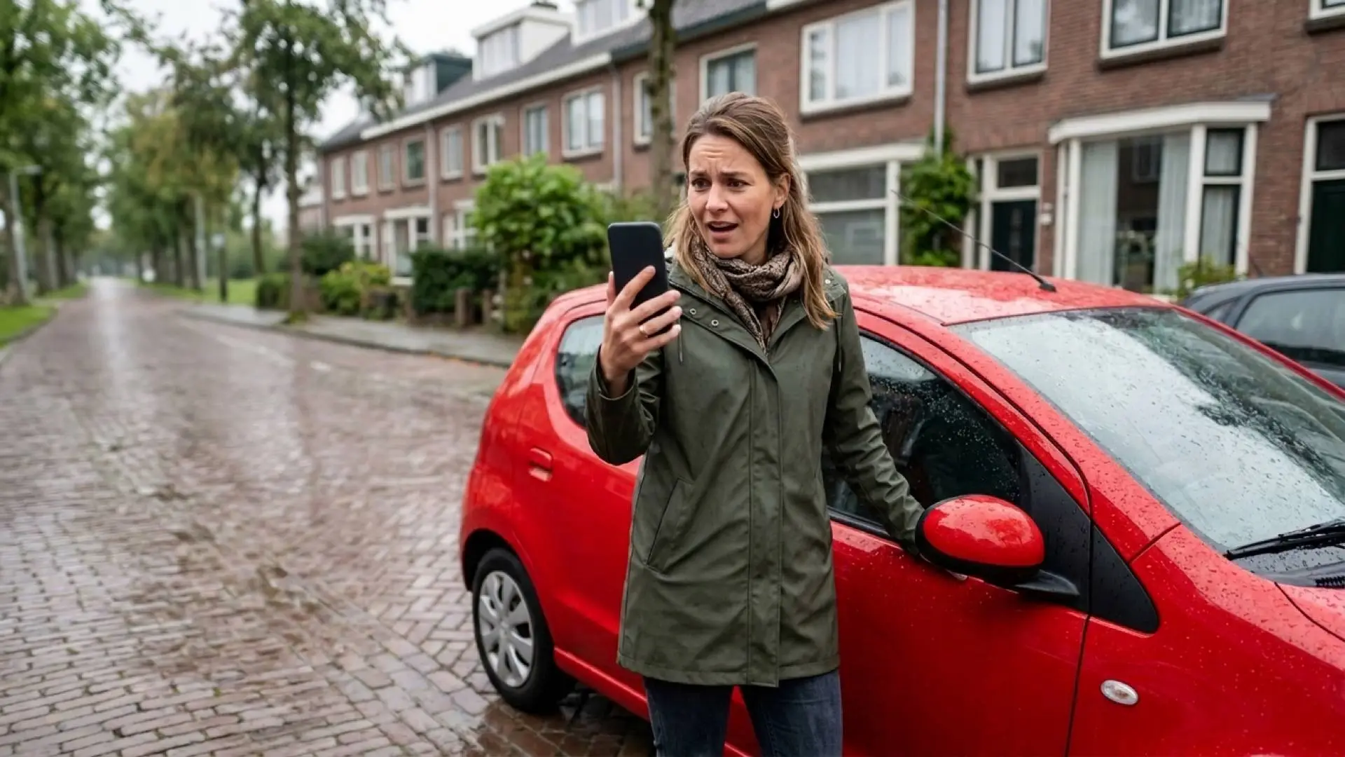 Vrouw in een groene regenjas staat op een natte straat naast een kleine rode auto en kijkt verbaasd op haar telefoon.