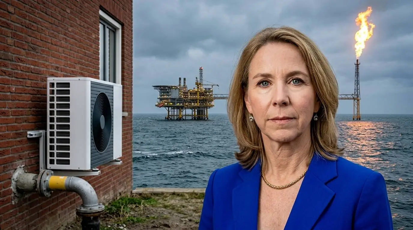 Minister Stientje van Veldhoven aan de Noordzee, met een warmtepomp aan de gevel en een gasplatform met vlam erachter.