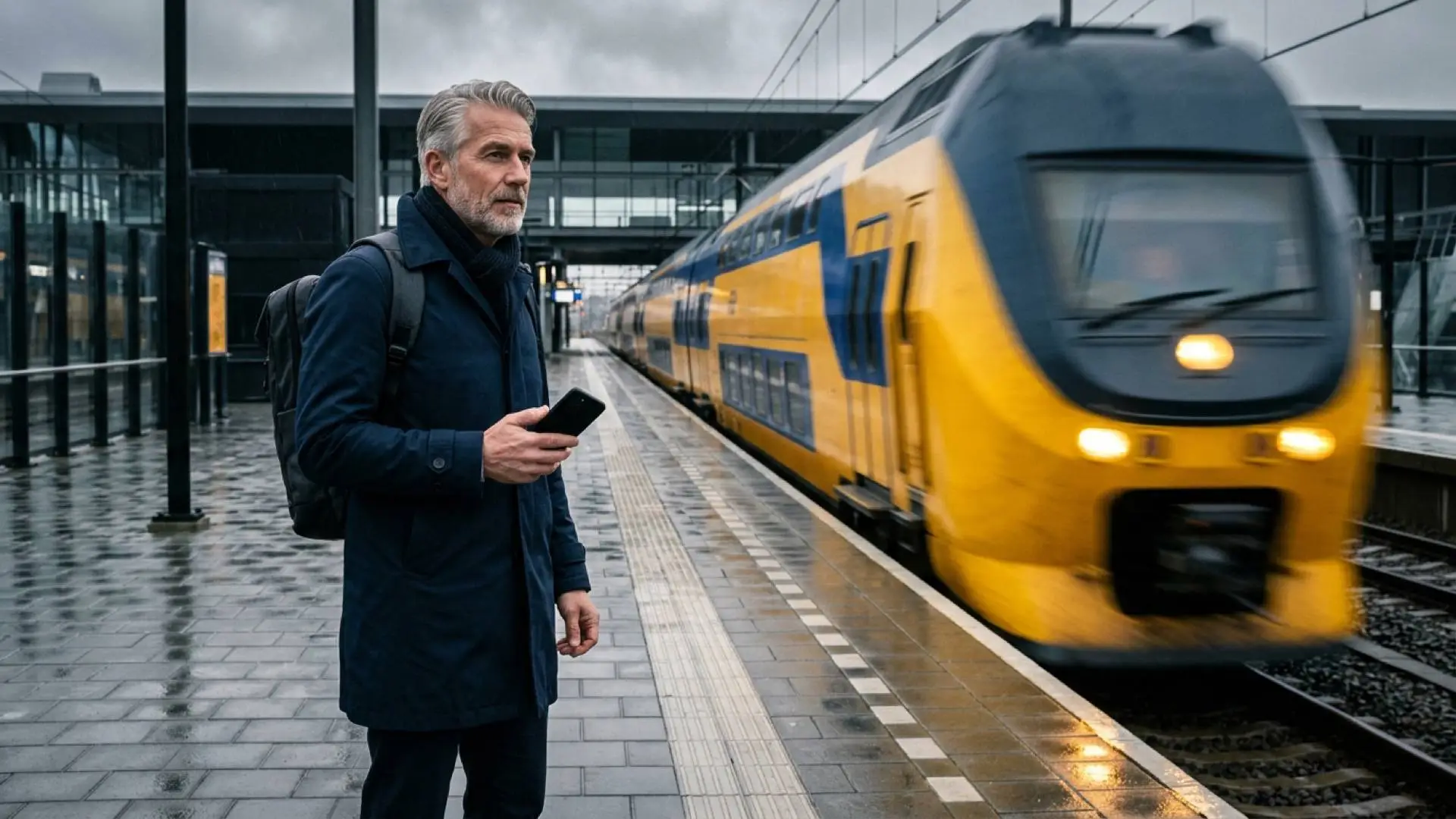 Man met jas, rugzak en telefoon staat op een nat perron terwijl een geel-blauwe trein met brandende koplampen binnenrijdt.