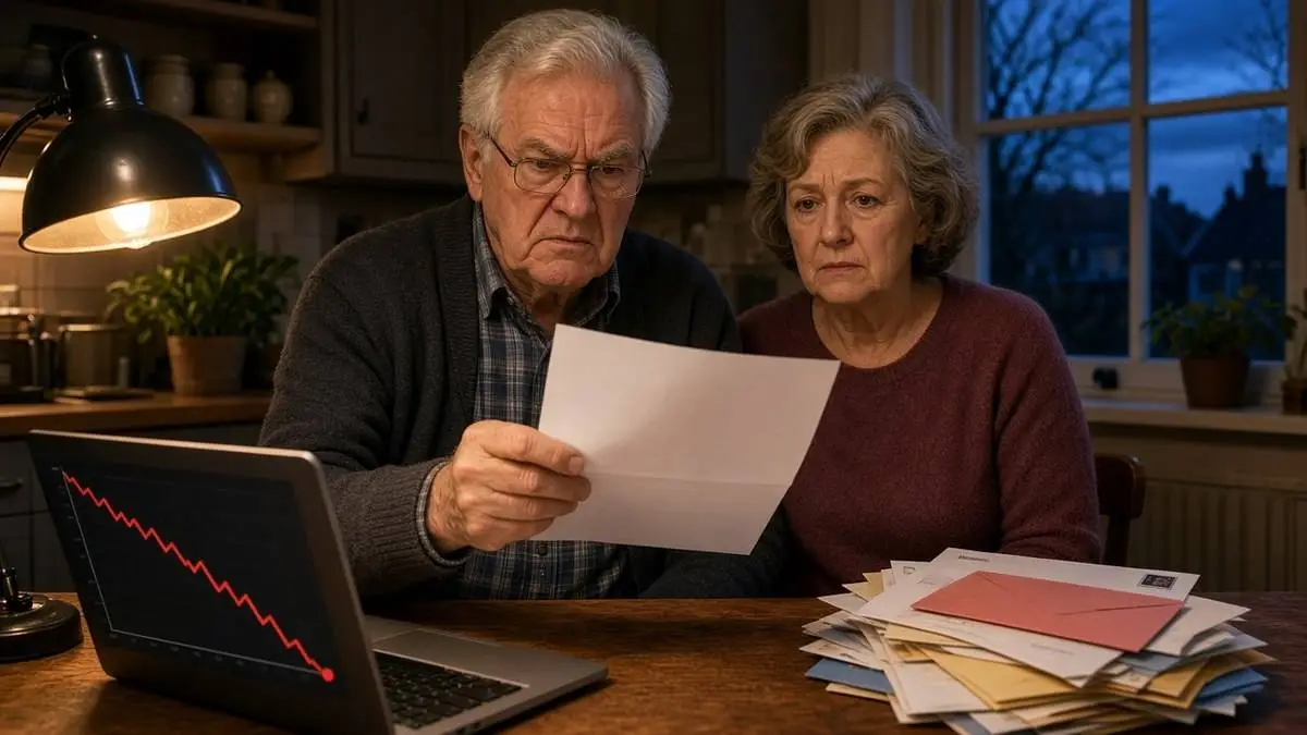 Gepensioneerd stel aan de keukentafel, de man leest boos een brief, naast een laptop met dalende rode lijn en stapel post