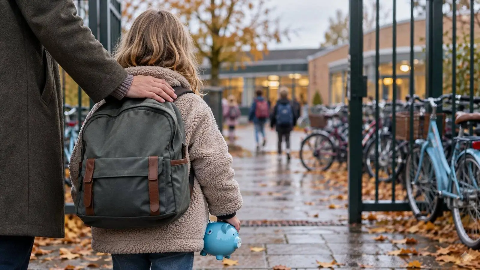 Kind met rugzak en blauwe spaarpot bij het schoolhek, met de hand van een ouder op de schouder