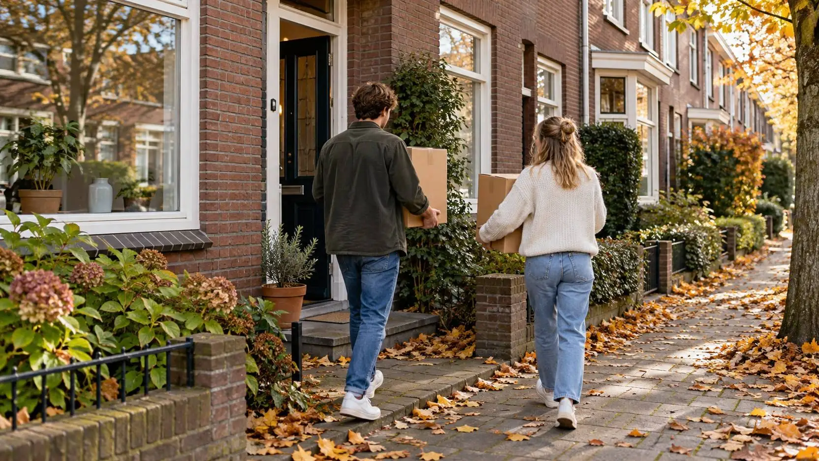 Jong stel draagt verhuisdozen naar de voordeur van een bakstenen rijtjeshuis in de herfst